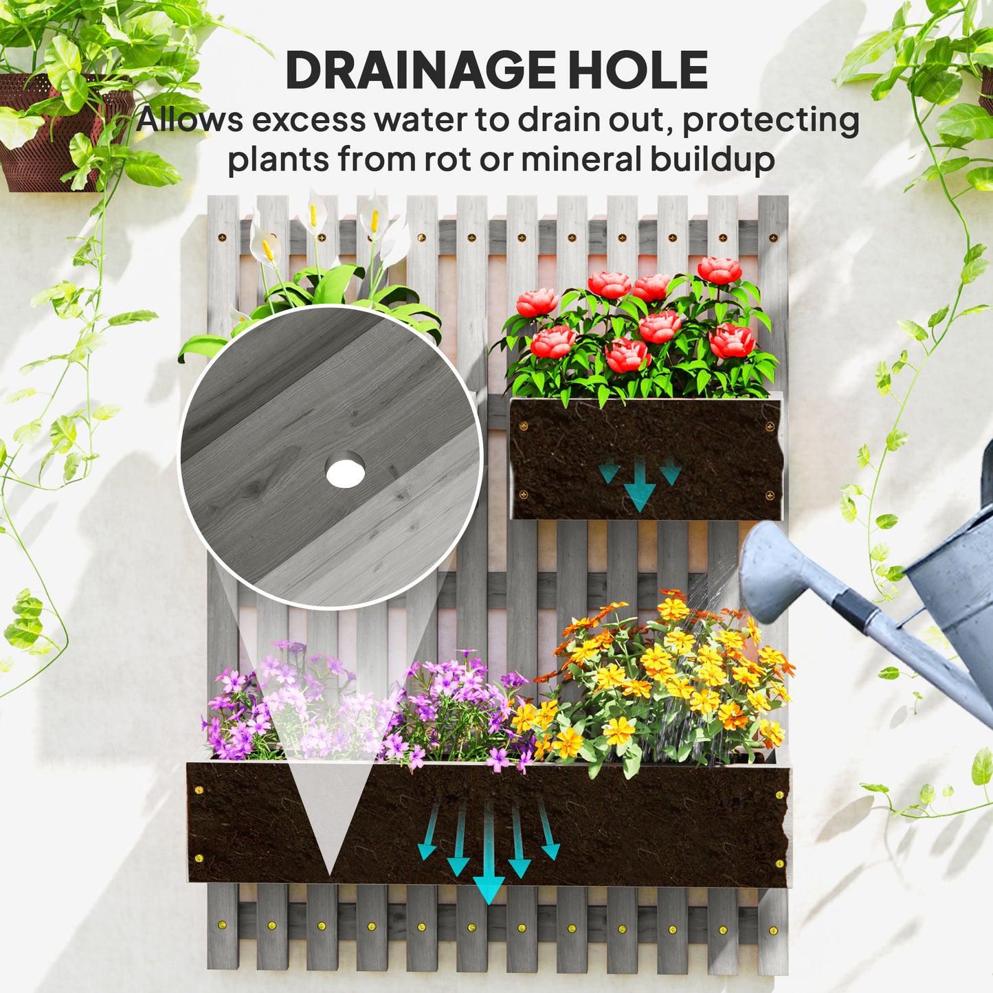 Outsunny Wall Mounted Wooden Garden Planters With Trellis And Drainage Holes Three Planter Boxes For Patio Grey