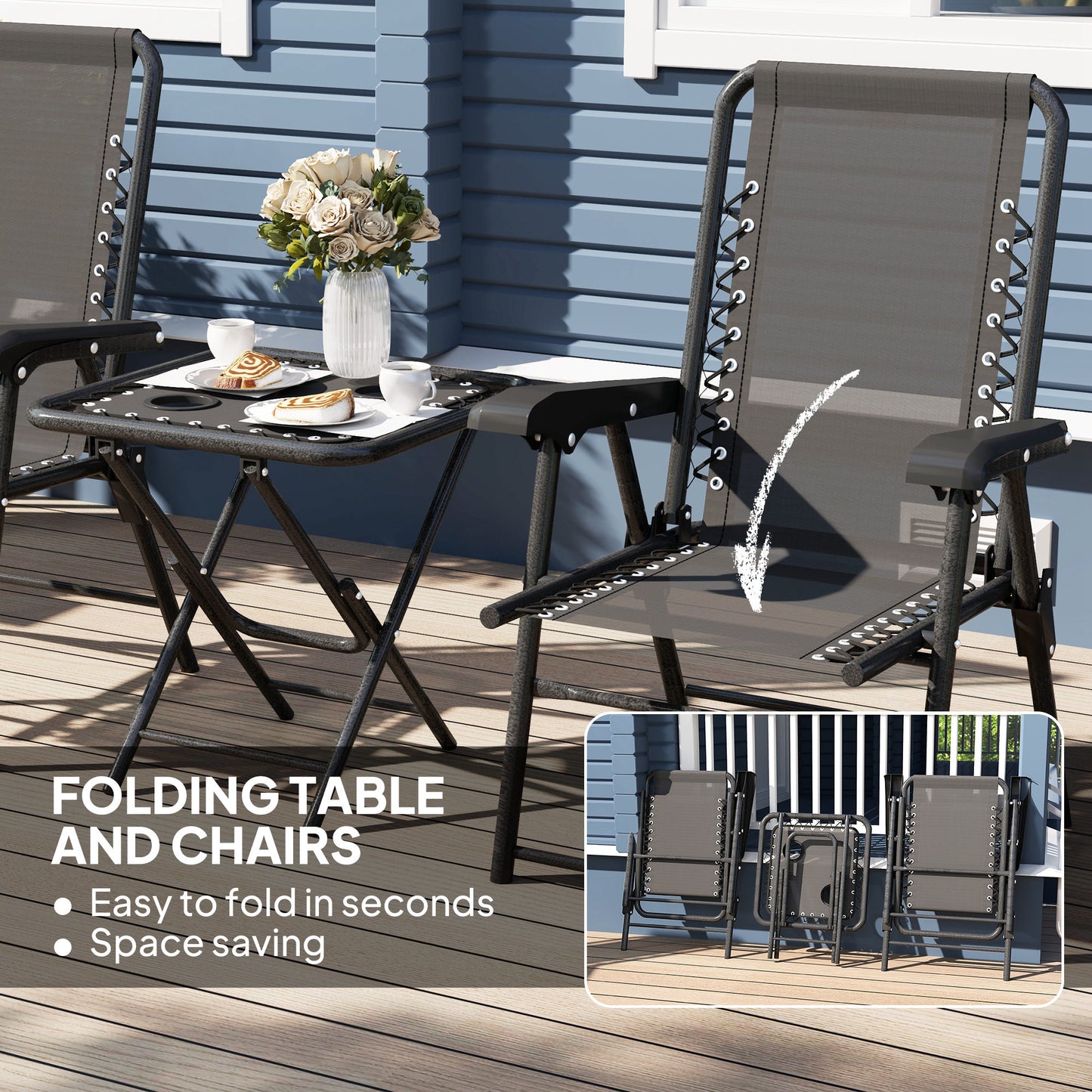Outsunny Black Three Piece Garden Table And Chair Set With Powder Coated Steel Frame And Texteline Fabric