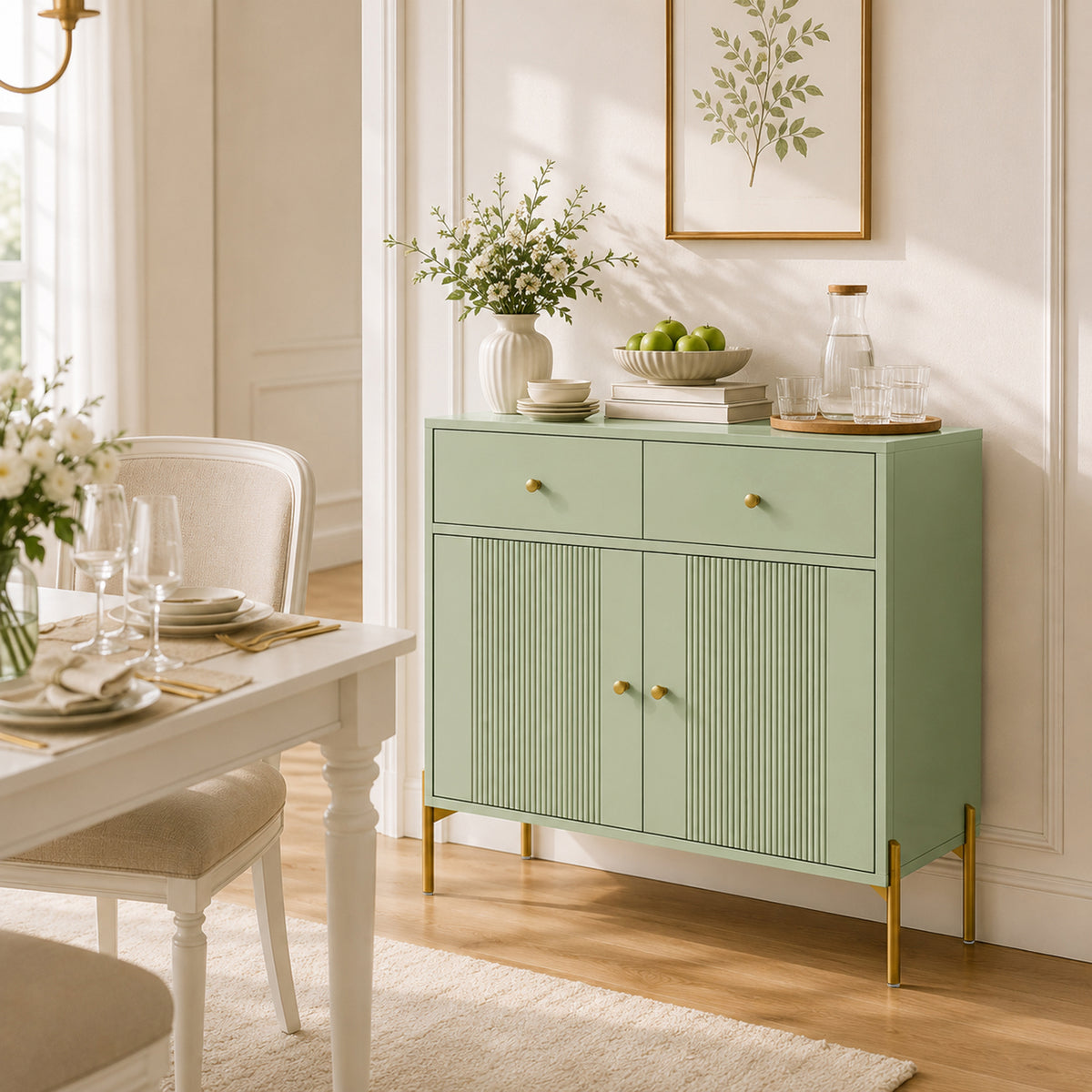 HOMCOM Light Green Sideboard Cabinet With 2 Drawers And Adjustable Shelves