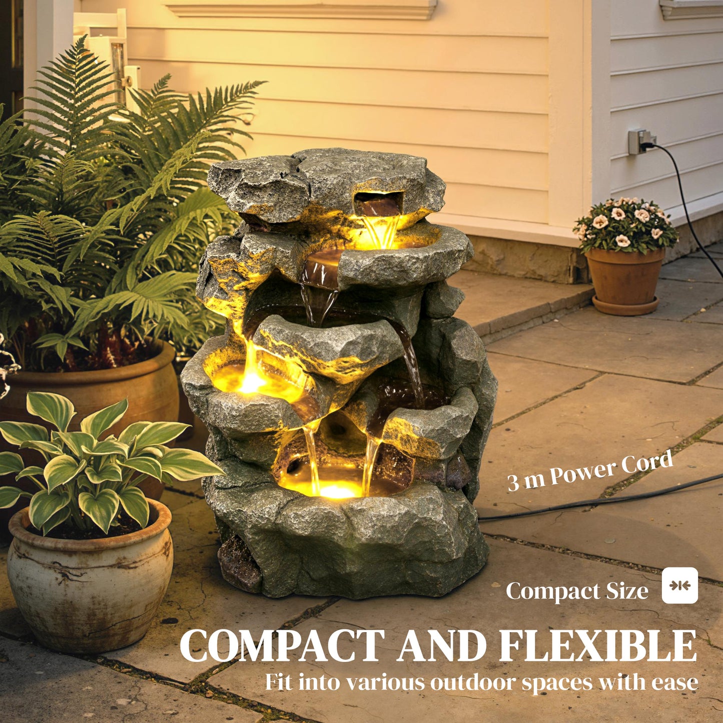 Outsunny Outdoor Fountain With 6 Tier Rock Design Waterfall Feature LED Lights Resin Freestanding Garden Fountain Grey