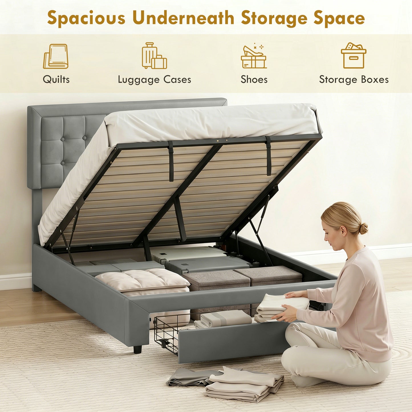 HOMCOM King Size Ottoman Bed Frame with Storage Drawer – Grey Fabric Lift-Up Bed