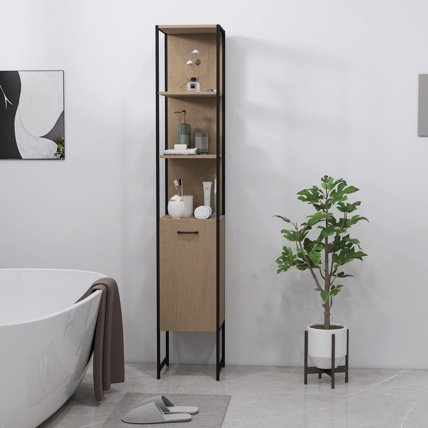 HOMCOM Tall Narrow Bathroom Cabinet With Open Shelves And Adjustable Shelf Natural Wood Finish