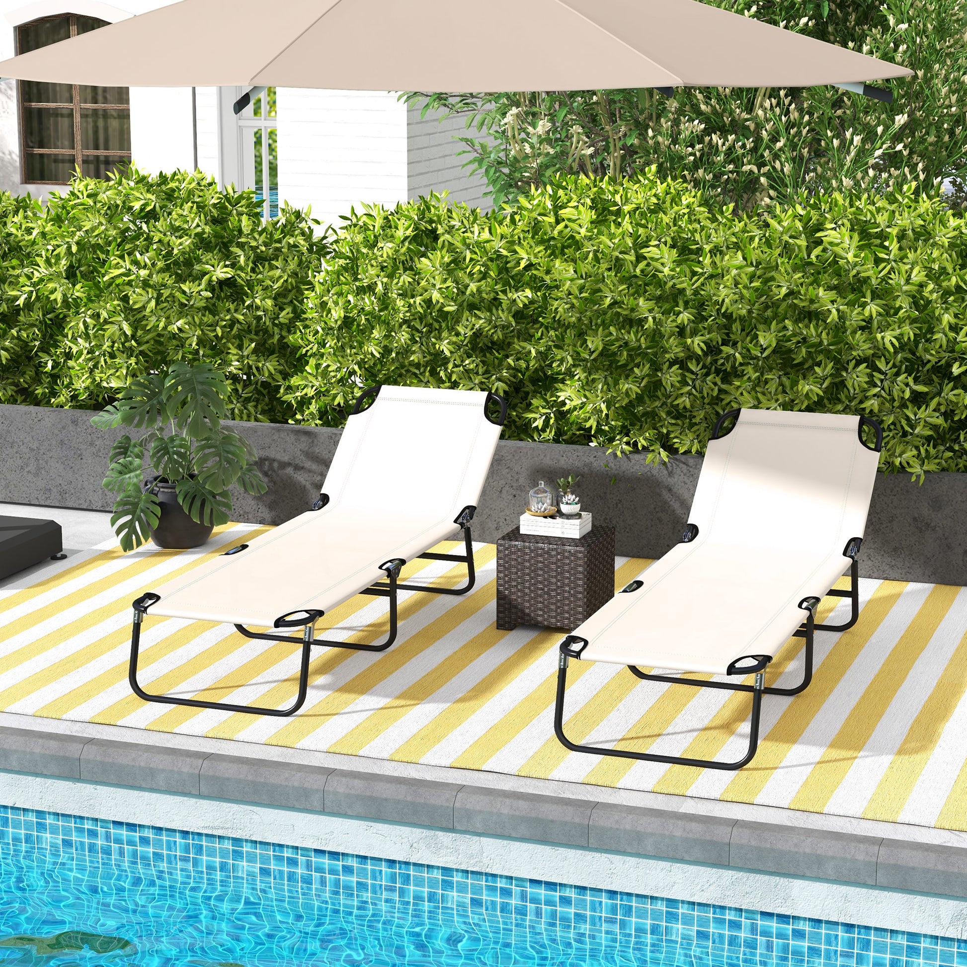 Outsunny Cream White Adjustable Outdoor Sun Lounger Set with Five Reclining Positions | Comfortable Folding Recliner - ALL4U RETAILER LTD