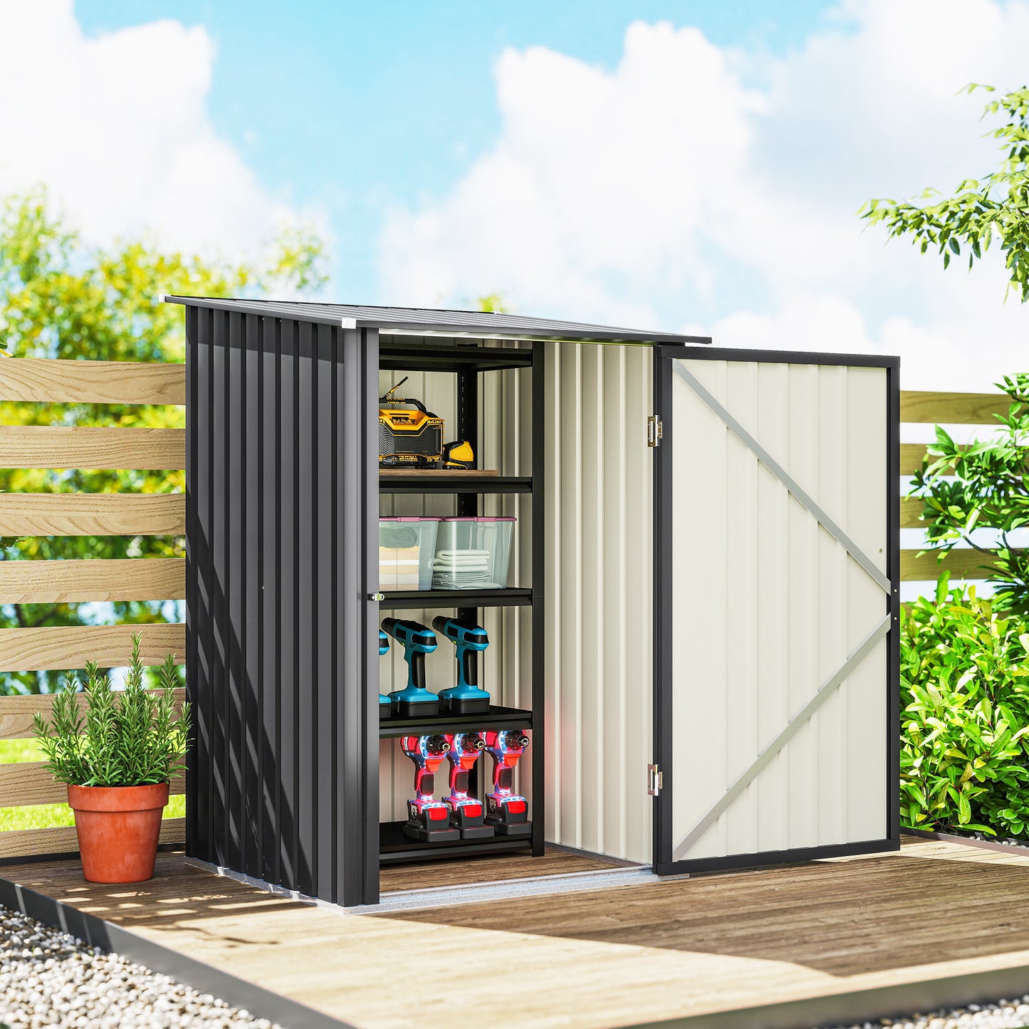 Outsunny Steel Lean To Garden Shed With Locking Door Dark Grey For Outdoor Storage
