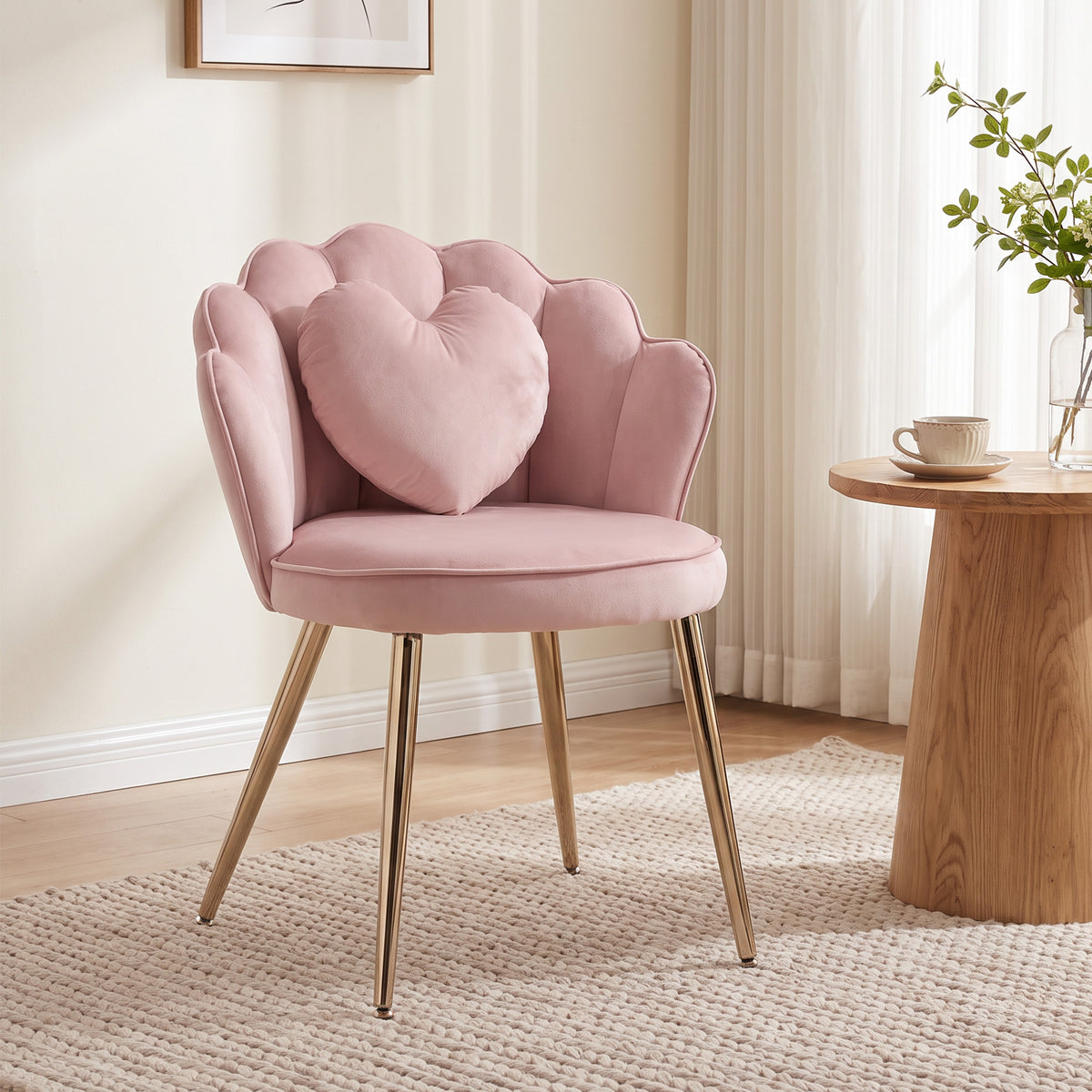 HOMCOM Velvet Accent Chair With Lotus Back And Heart Pillow Soft Pink