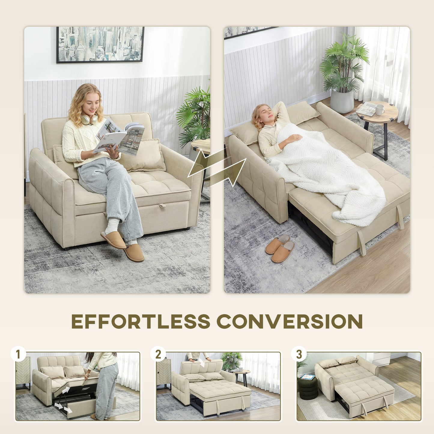 HOMCOM 2 Seater Sofa Bed 3 In 1 Convertible Sleeper Sofa With Click Clack Adjustable Backrest And 2 Pillows Light Brown