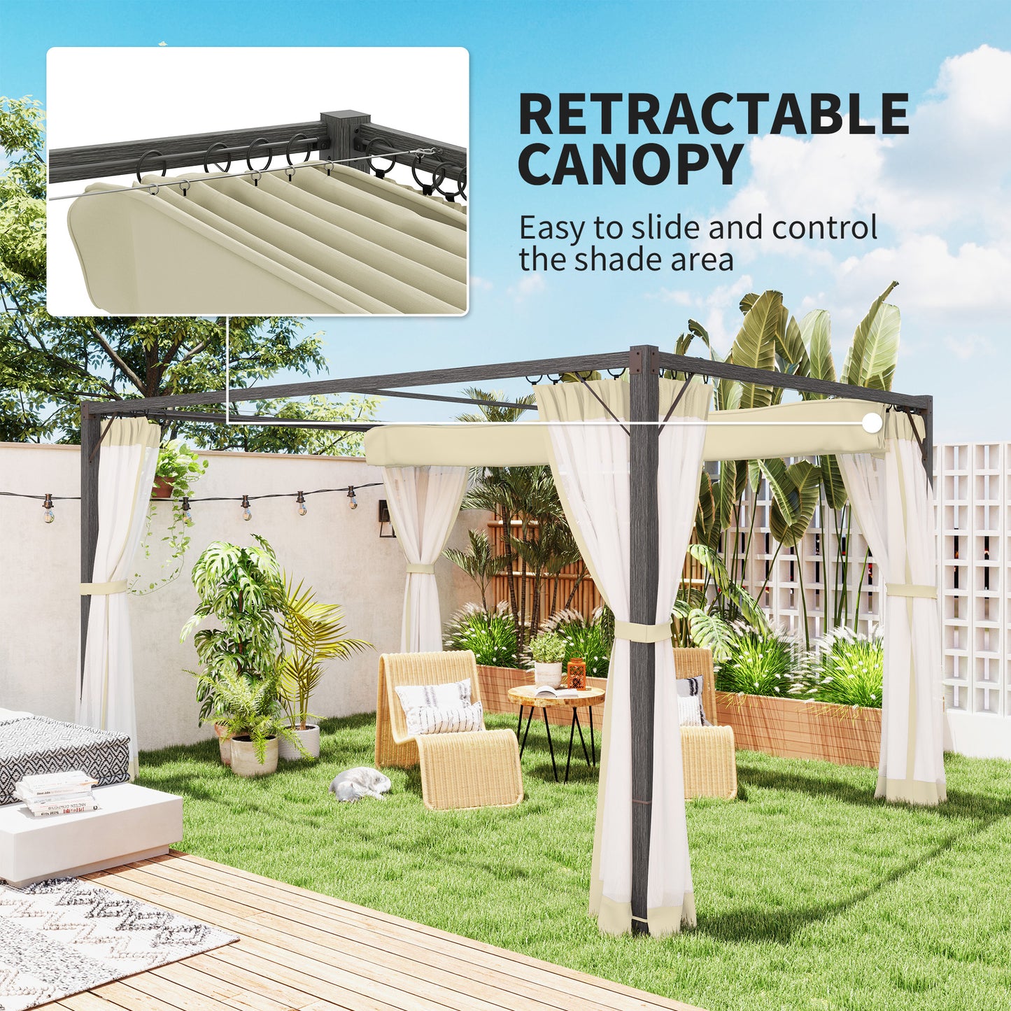 Outsunny 3x4m Aluminium Frame Pergola With Retractable Roof In Khaki Outdoor Garden Shade