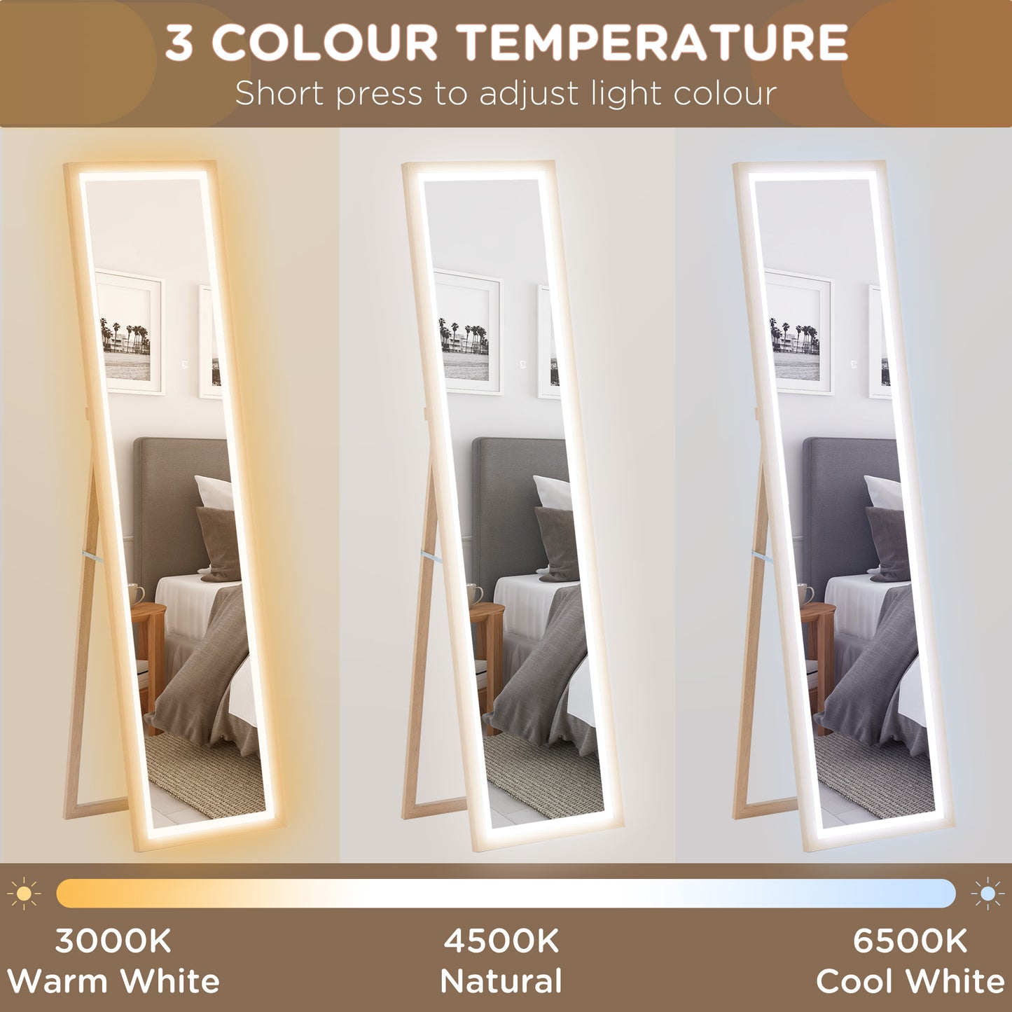 HOMCOM Full Length Mirror With Adjustable Outer LED Light In Oak Finish Three Color Temperatures
