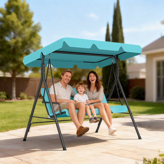 Outsunny Three Seater Garden Swing Chair With Adjustable Canopy Blue Cushioned Seat And High Back