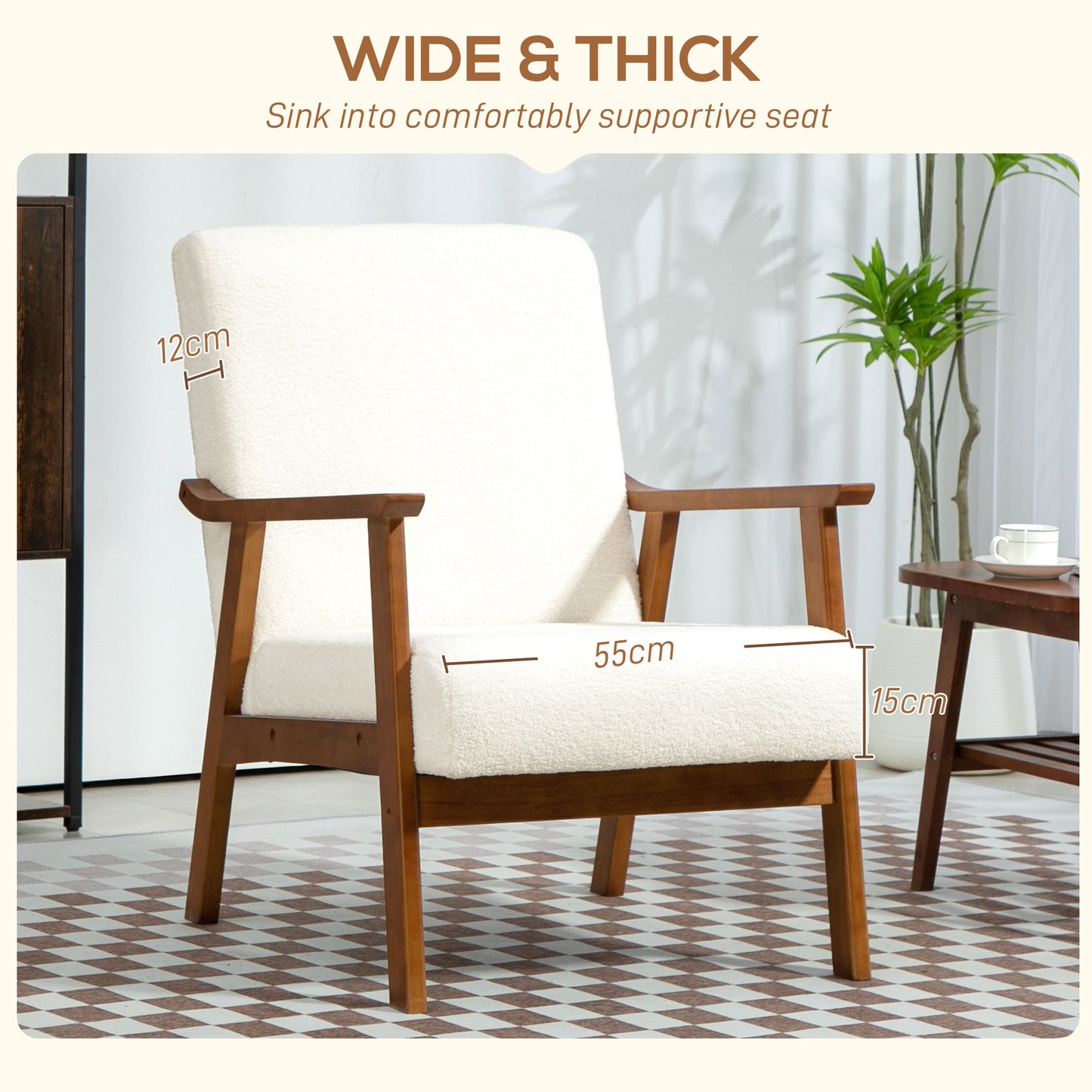 HOMCOM Boucle Seat Mid Century Accent Chair White With Plush Cashmere Feel Upholstery