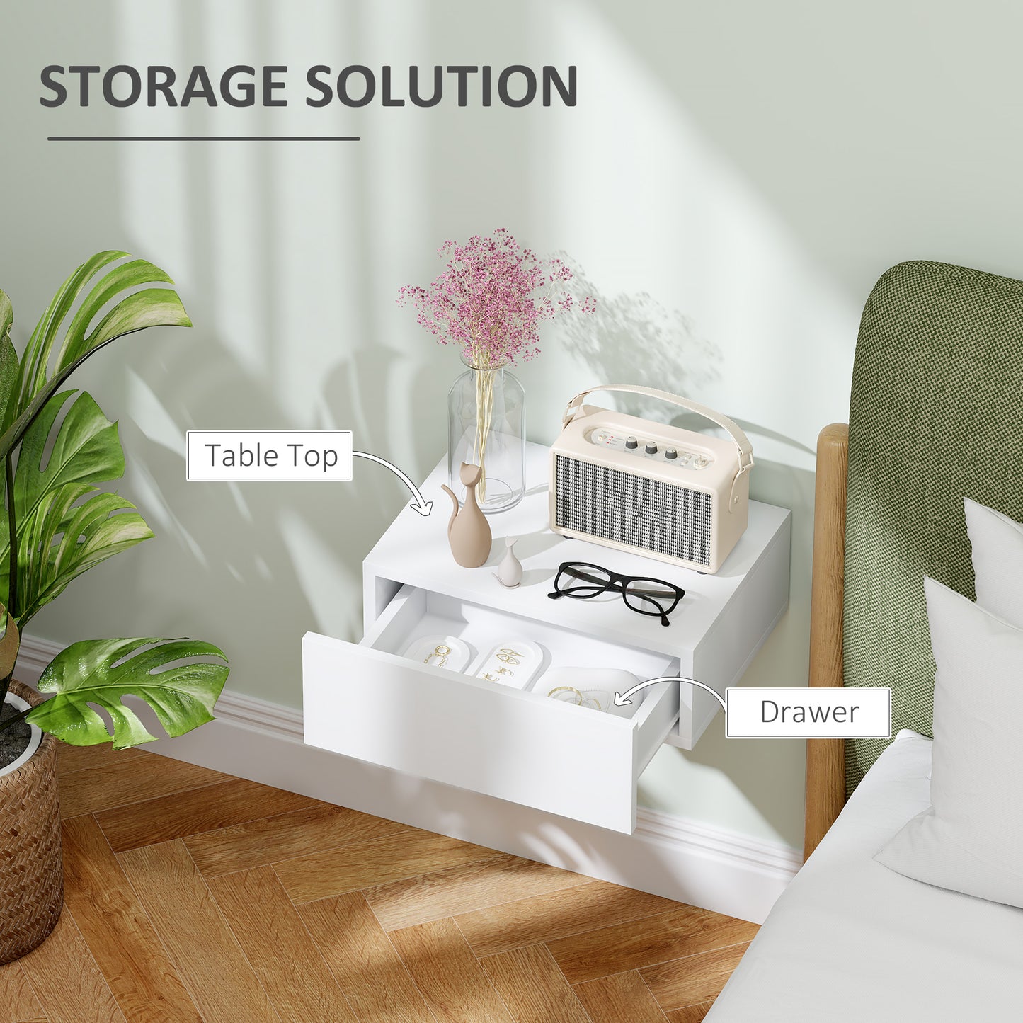 HOMCOM Floating Bedside Table Wall Mounted Nightstand With Storage Drawer White Finish