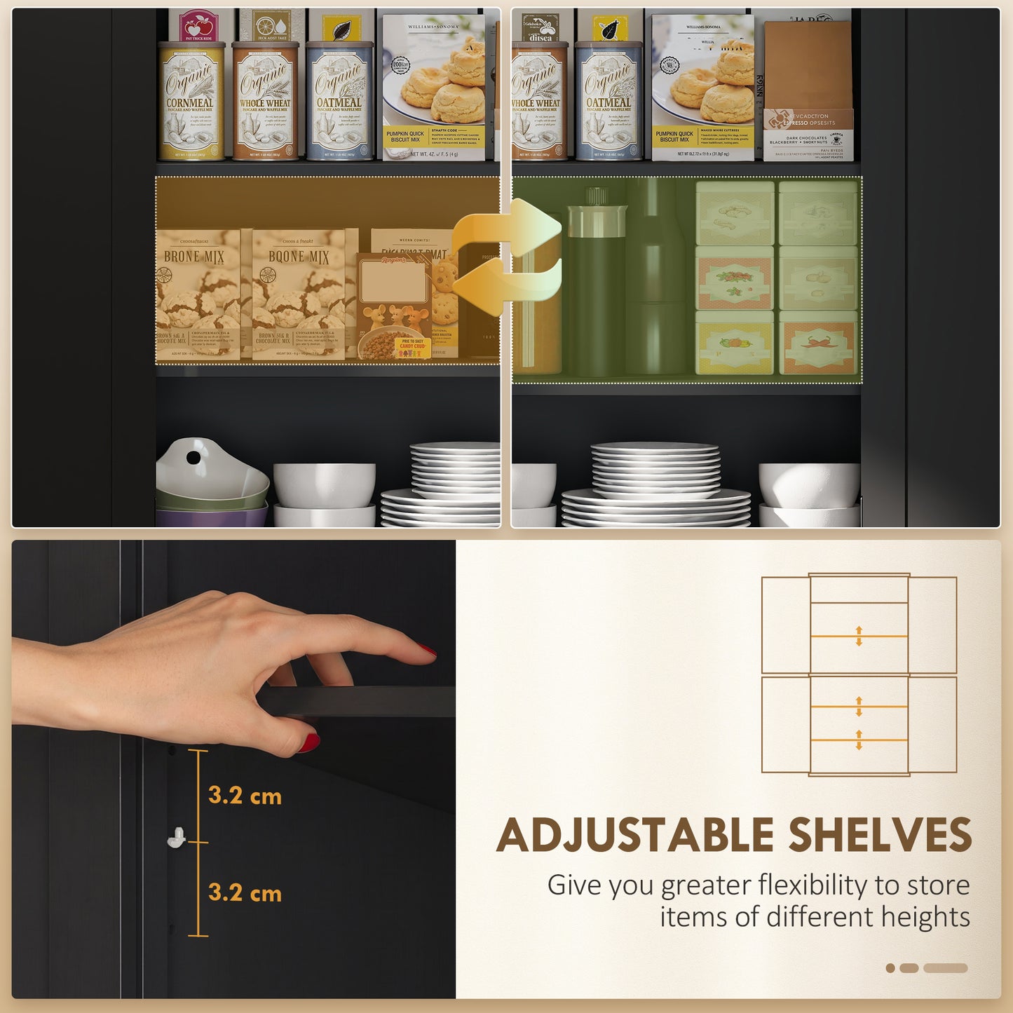 HOMCOM Kitchen Storage Cabinet with 4 Doors and Adjustable Shelves Tall Larder Pantry in Black MDF Construction