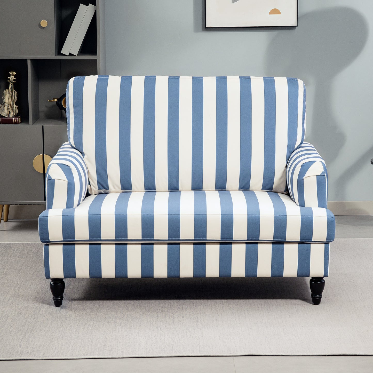 HOMCOM Velvet Cuddle Chair With Stripe Blue And White Modern Armchair Snuggle Sofa For Living Room Bedroom Turned Legs