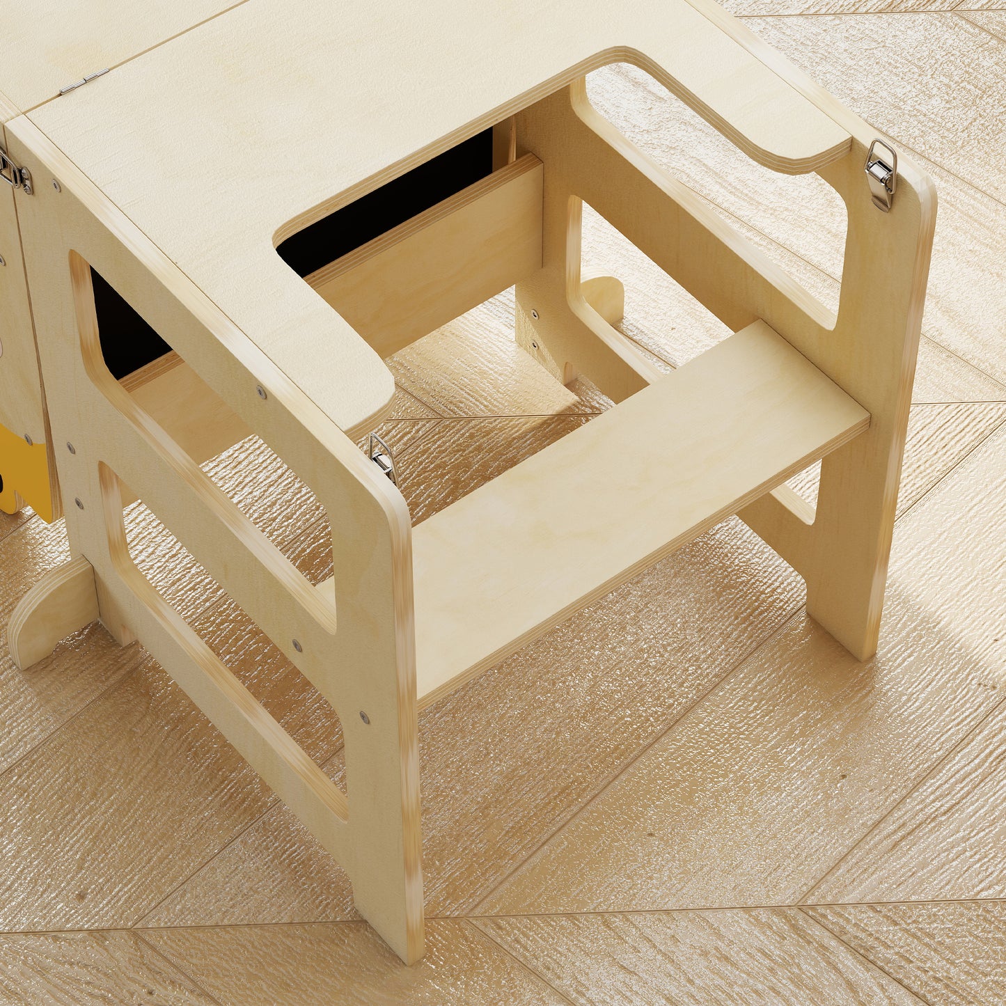 AIYAPLAY Toddler Step Stool Fox Shaped 3 in 1 Standing Tower with Chalkboard for Kitchen Counter Natural Wood