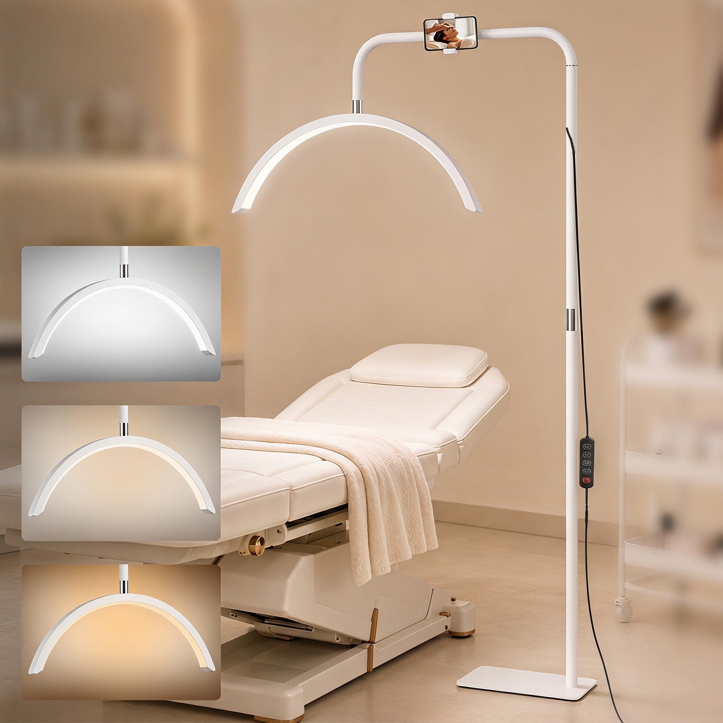 HOMCOM Half Moon Floor Lamp Dimmable 7 Color Rotating Makeup Vanity Light White