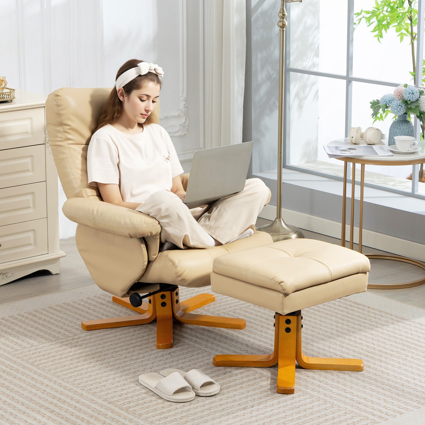 HOMCOM PU Leather Swivel Recliner Chair In Beige With Wooden Base Footstool And Hidden Storage
