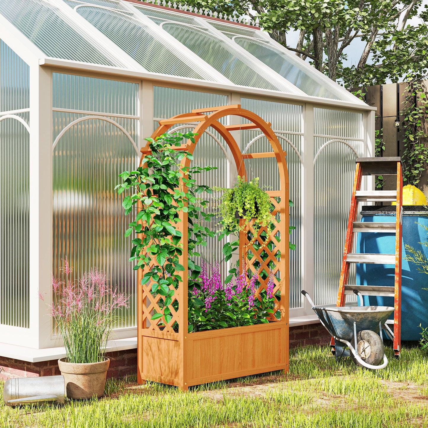 Outsunny Wooden Raised Garden Bed with Trellis Liner and Drainage Holes for Vine Climbing Plants 83 x 36 x 145 cm