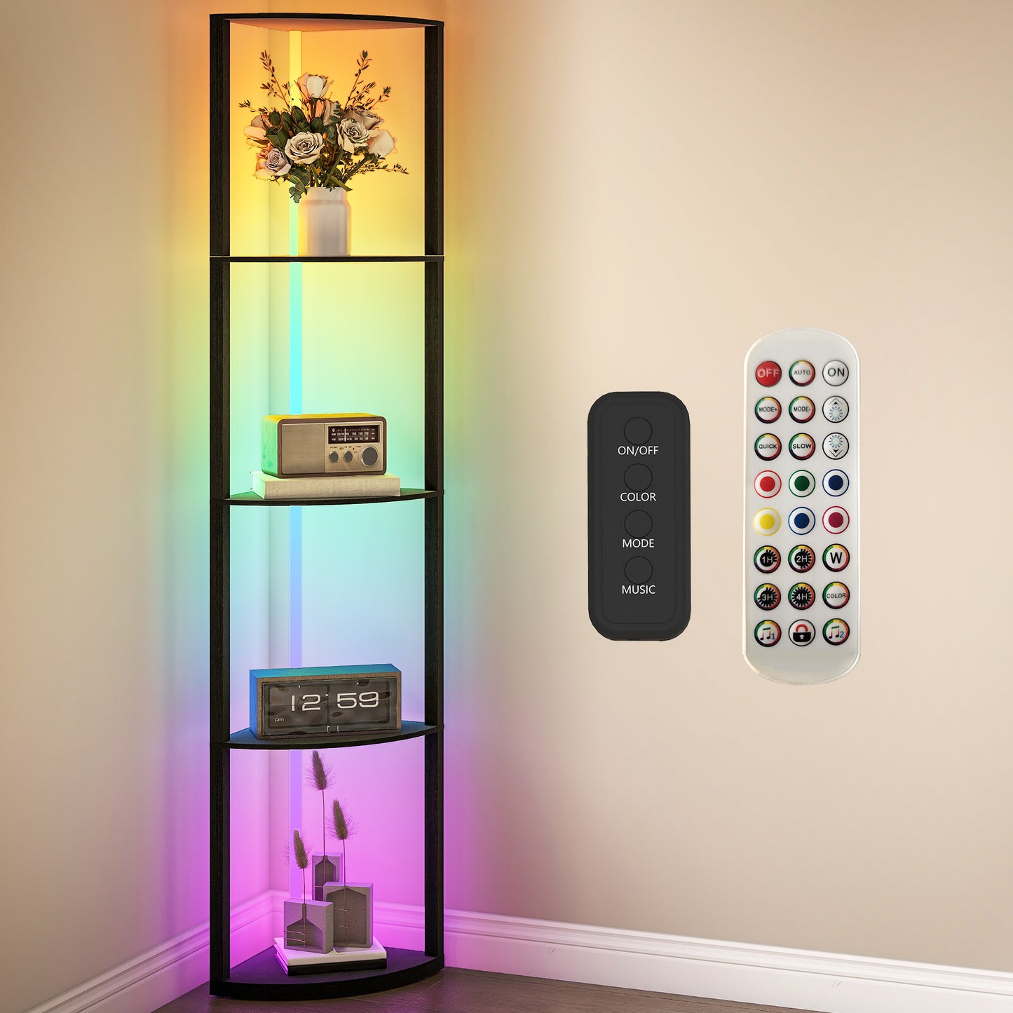HOMCOM RGB LED Floor Lamp With Shelves 4 Tier Dimmable Standing Lamp With Remote Control Black