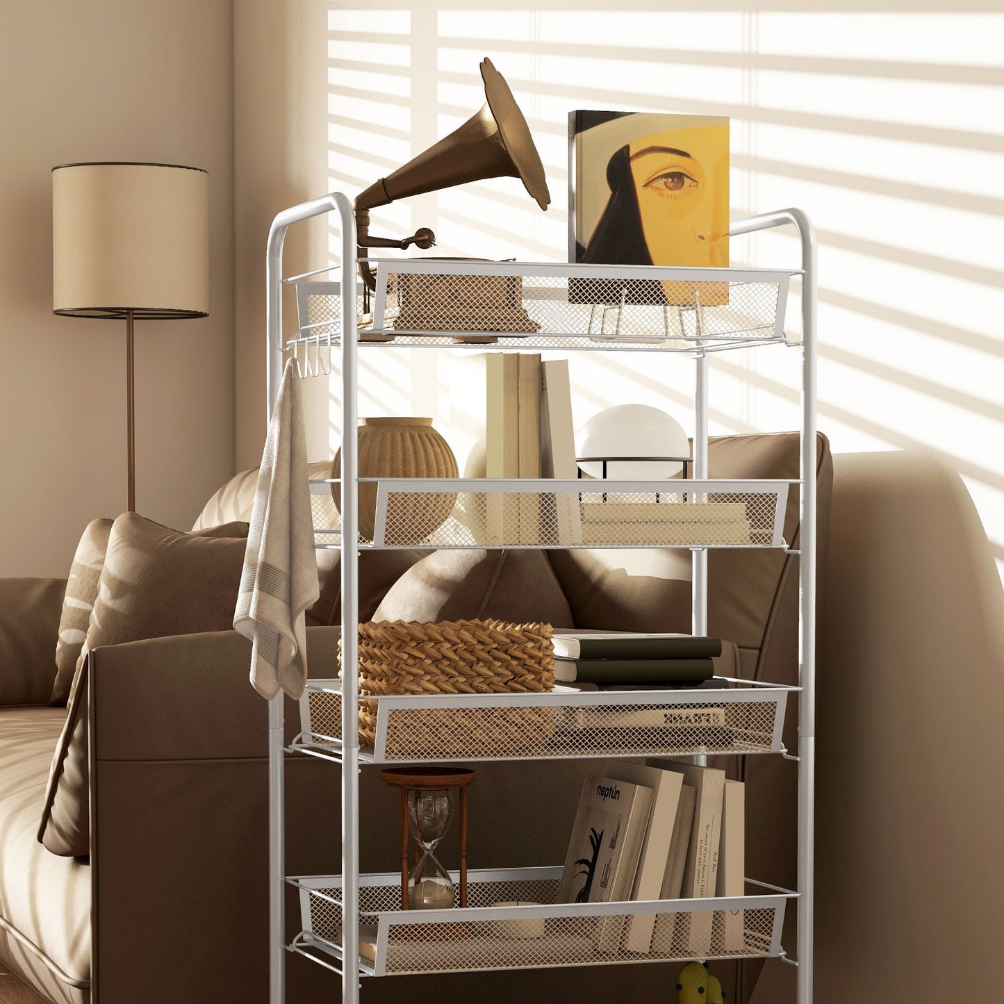 HOMCOM Five Tier Steel Mesh Basket Storage Trolley With Wheels White For Kitchen Home Office Garage And More
