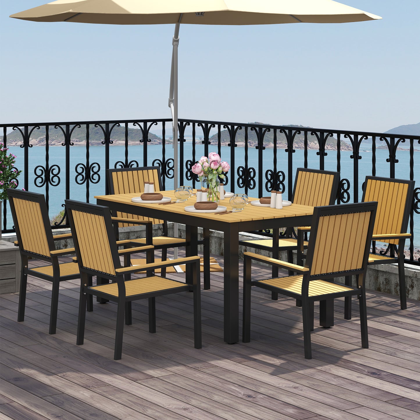 Outsunny 6 Seater Garden Dining Set With Aluminium Frame Rectangular Wood Plastic Composite Top And Stackable Chairs