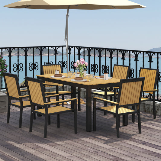 Outsunny 6 Seater Garden Dining Set With Aluminium Frame Rectangular Wood Plastic Composite Top And Stackable Chairs