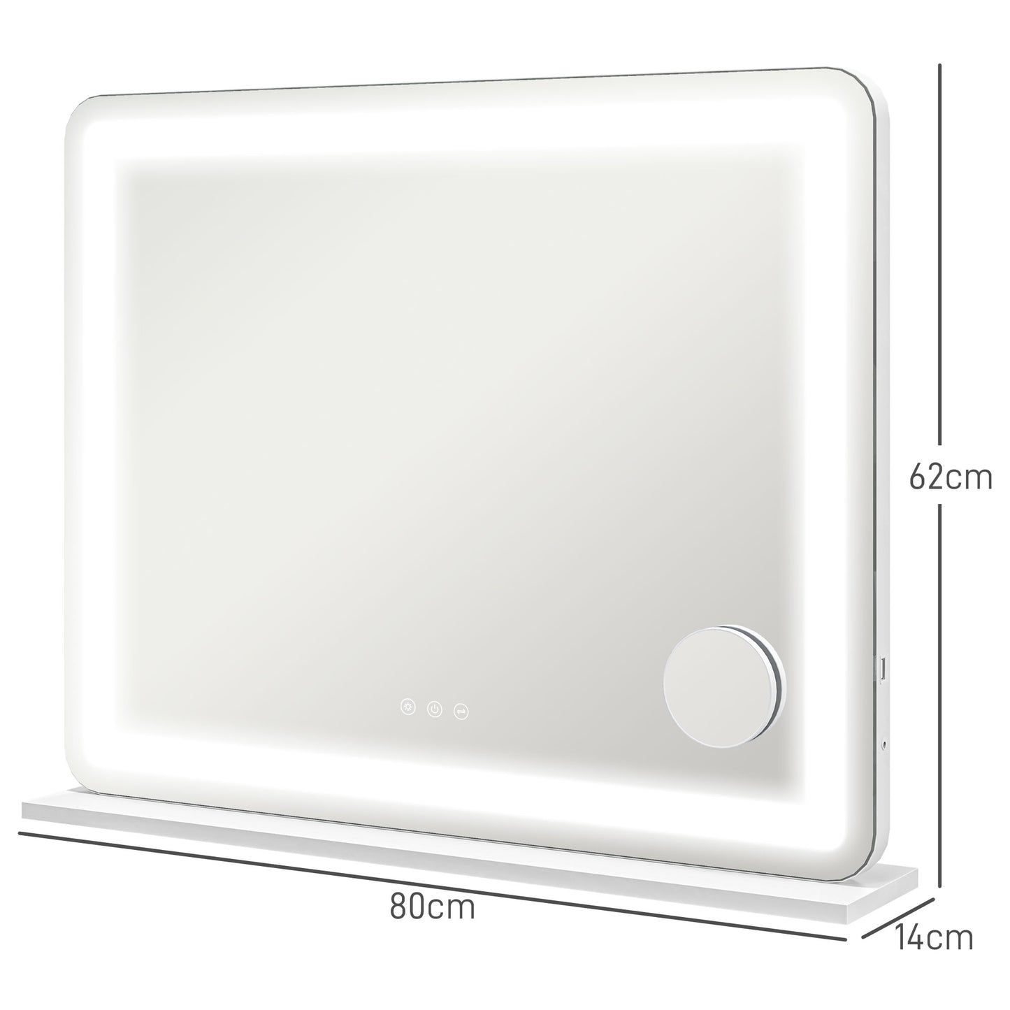 HOMCOM Vanity Mirror With Lights 80x62 Cm Makeup Mirror 3 Colour Temperature 10X Magnification Touch Screen USB Port