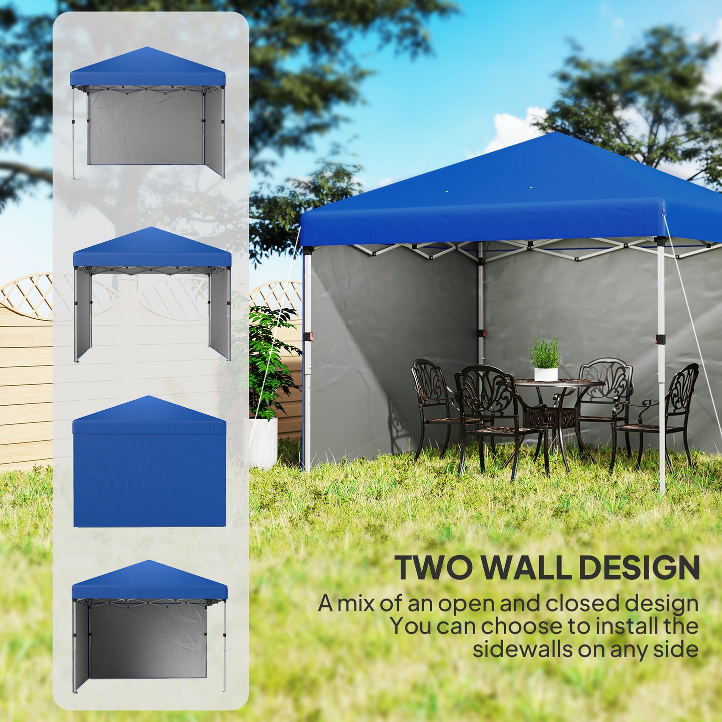 Outsunny 3x3m Pop Up Gazebo With 2 Sidewalls UPF 30 Plus Height Adjustable Party Tent For Garden Patio Blue