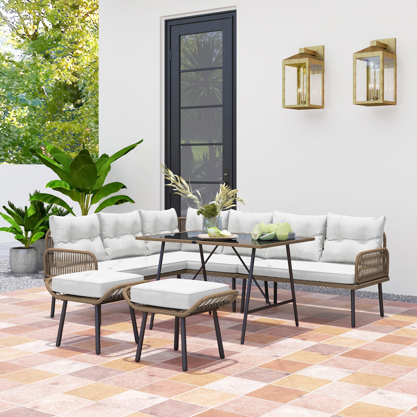 Outsunny 6 Piece Rattan Garden Furniture Set With Cushions And Glass Top Table 8 Seater Cream White