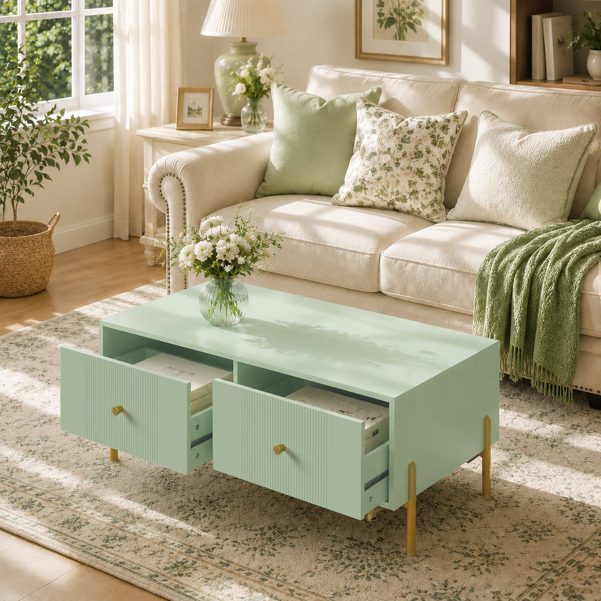 HOMCOM Modern Coffee Table with Storage, 2 Drawers, Light Green Finish