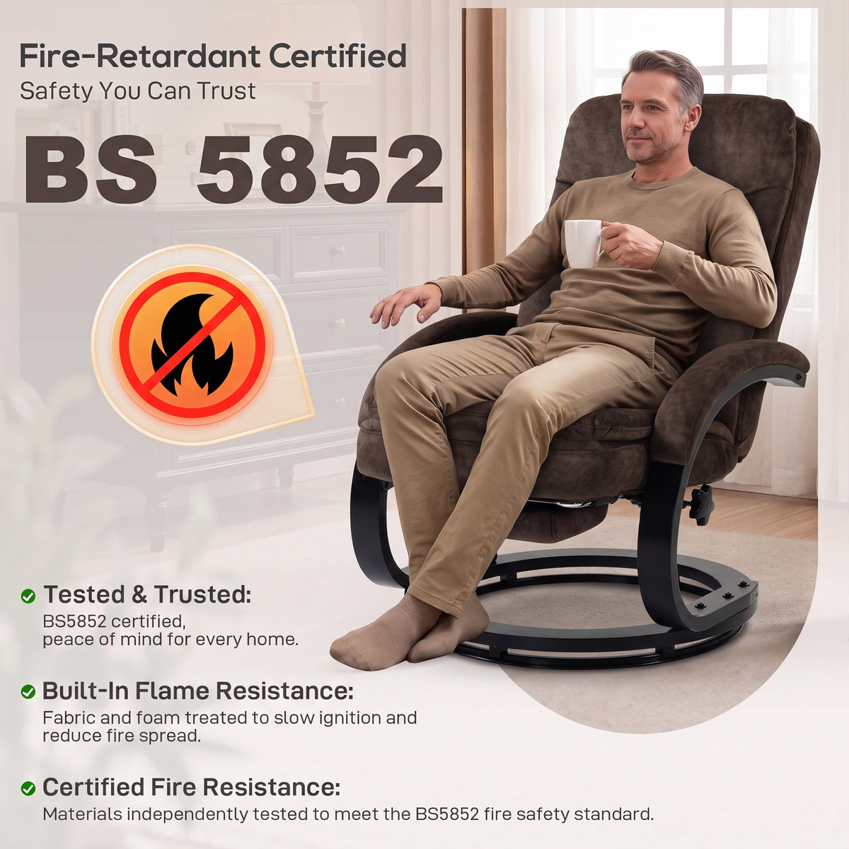 Dark brown velvet swivel recliner chair with retractable footrest, seated man relaxing