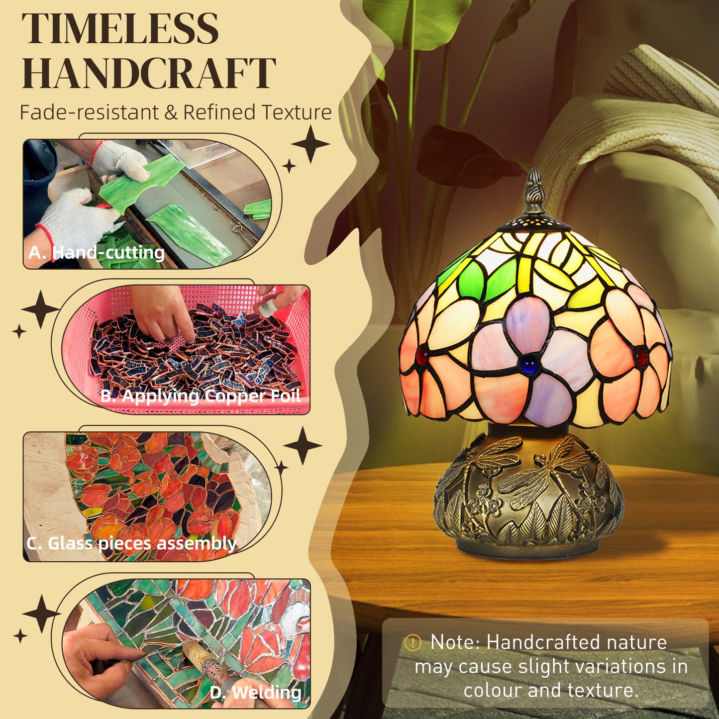 HOMCOM Tiffany Style Table Lamp With Dragonfly Base Stained Glass Pink For Living Room And Bedroom E27 Socket