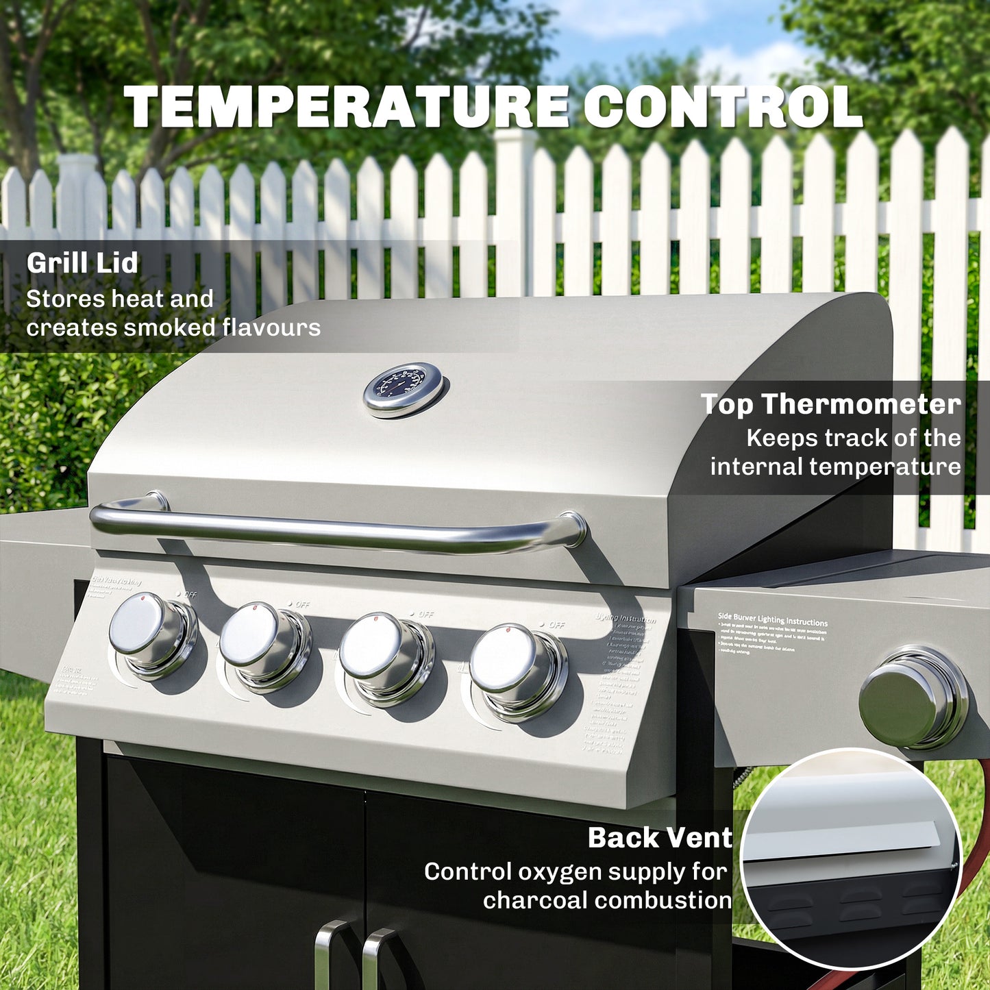 Outsunny Four Burner And One Side Burner Gas BBQ Grill 50000 BTU Steel Portable With Built In Thermometer And Lid