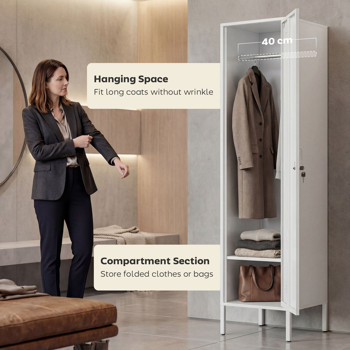 White metal locker cabinet with hanging rod for coats and an inner shelf compartment.