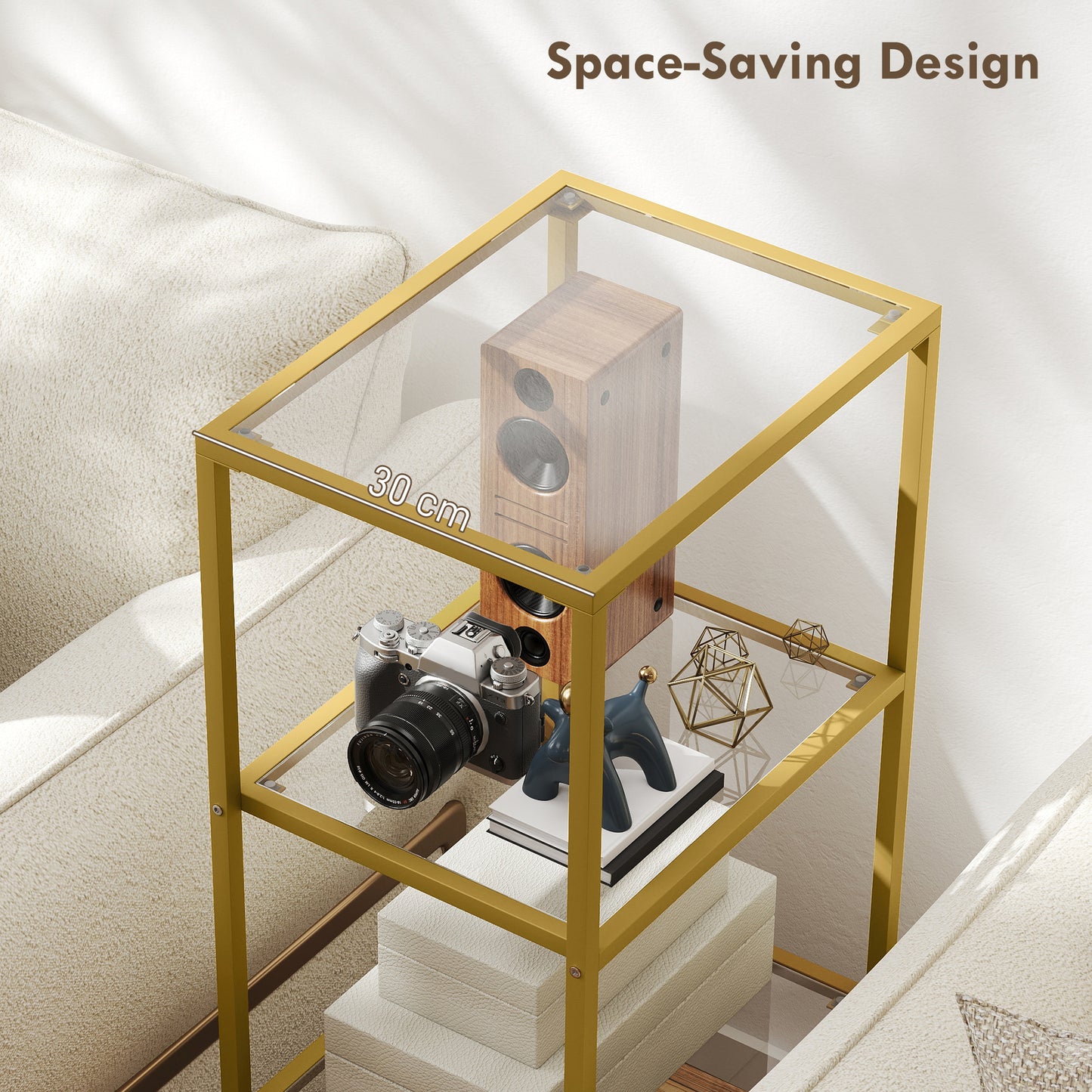 HOMCOM 4 Tier Glass Shelving Unit Gold Tone Vertical Storage for Living Room Home Office Bedroom Bathroom