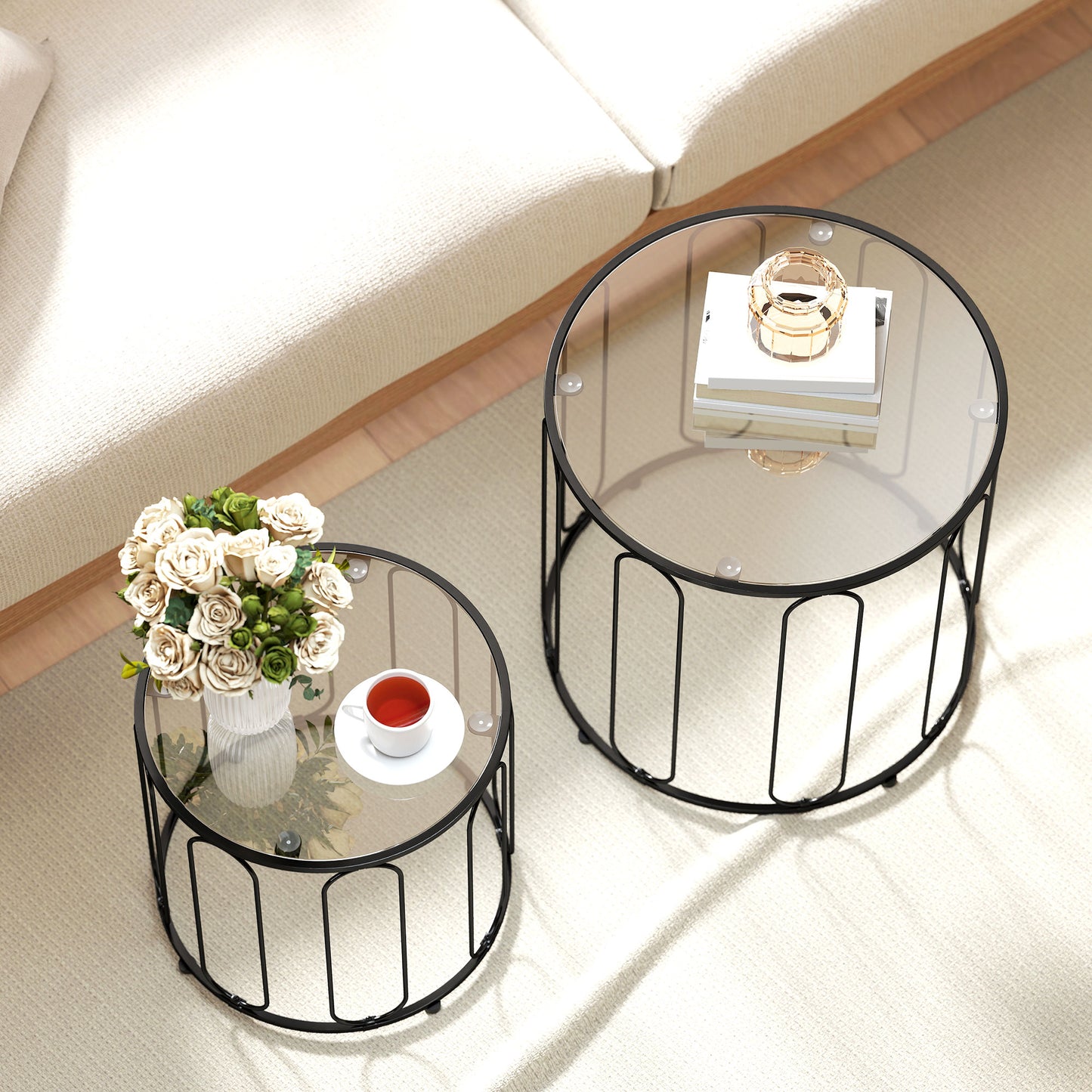 HOMCOM Elliptical Cutout Nesting Tables Black Glass Top With Metal Ring Frame Two Piece Set