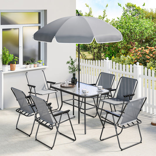 Outsunny 8 Piece Garden Dining Set With Umbrella And Folding Chairs Tempered Glass Table For Patio Grey