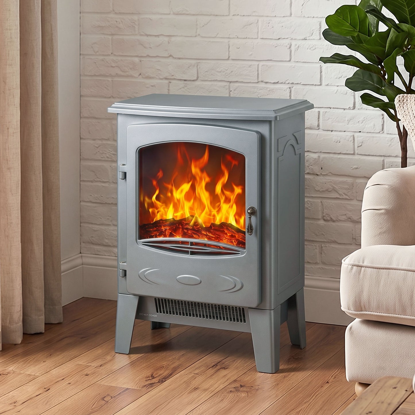 HOMCOM Freestanding Electric Fireplace Realistic Flame Dual Heat Settings Grey
