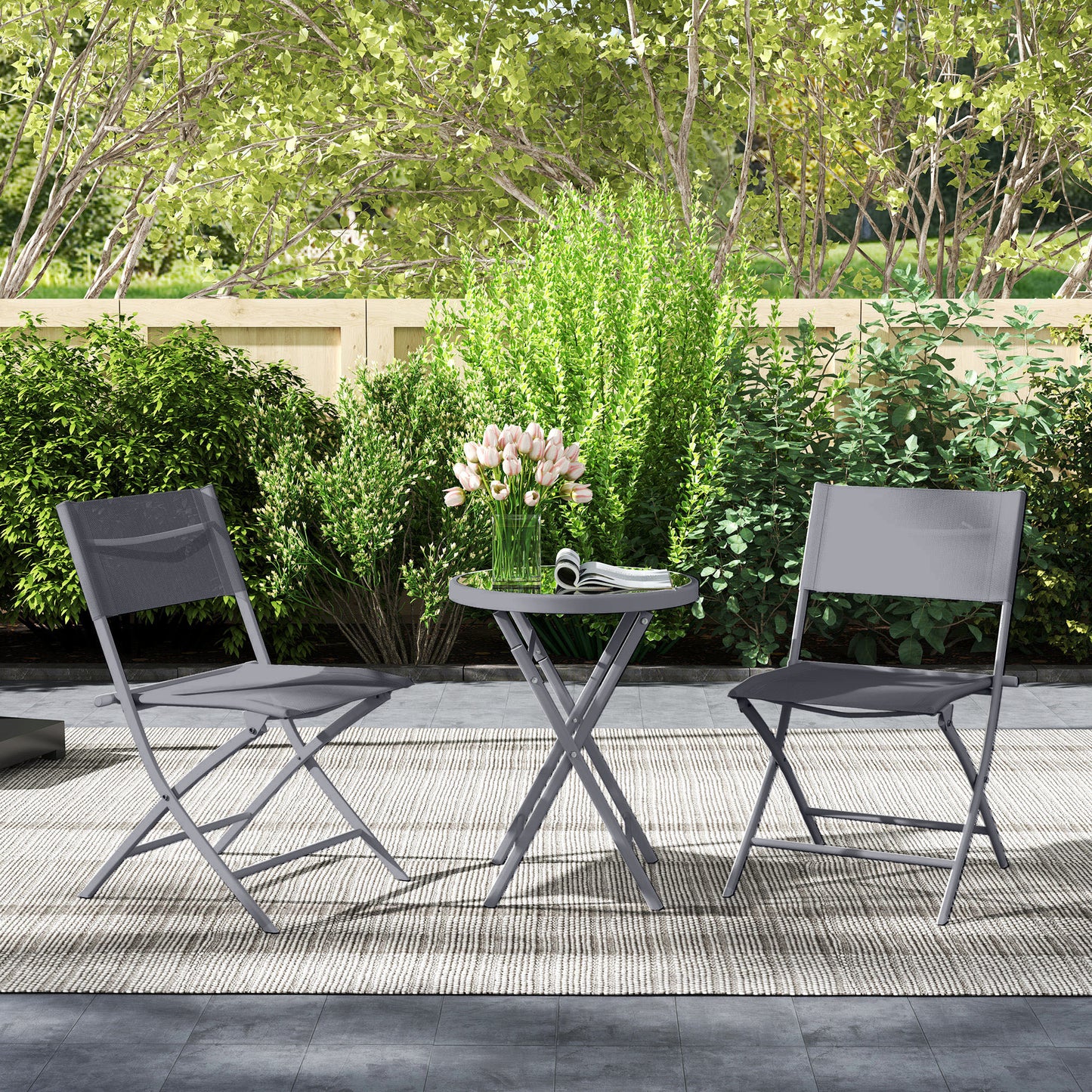 Outsunny 3 Piece Outdoor Bistro Set Glass Top Table and Two Folding Chairs with Protective Feet Grey