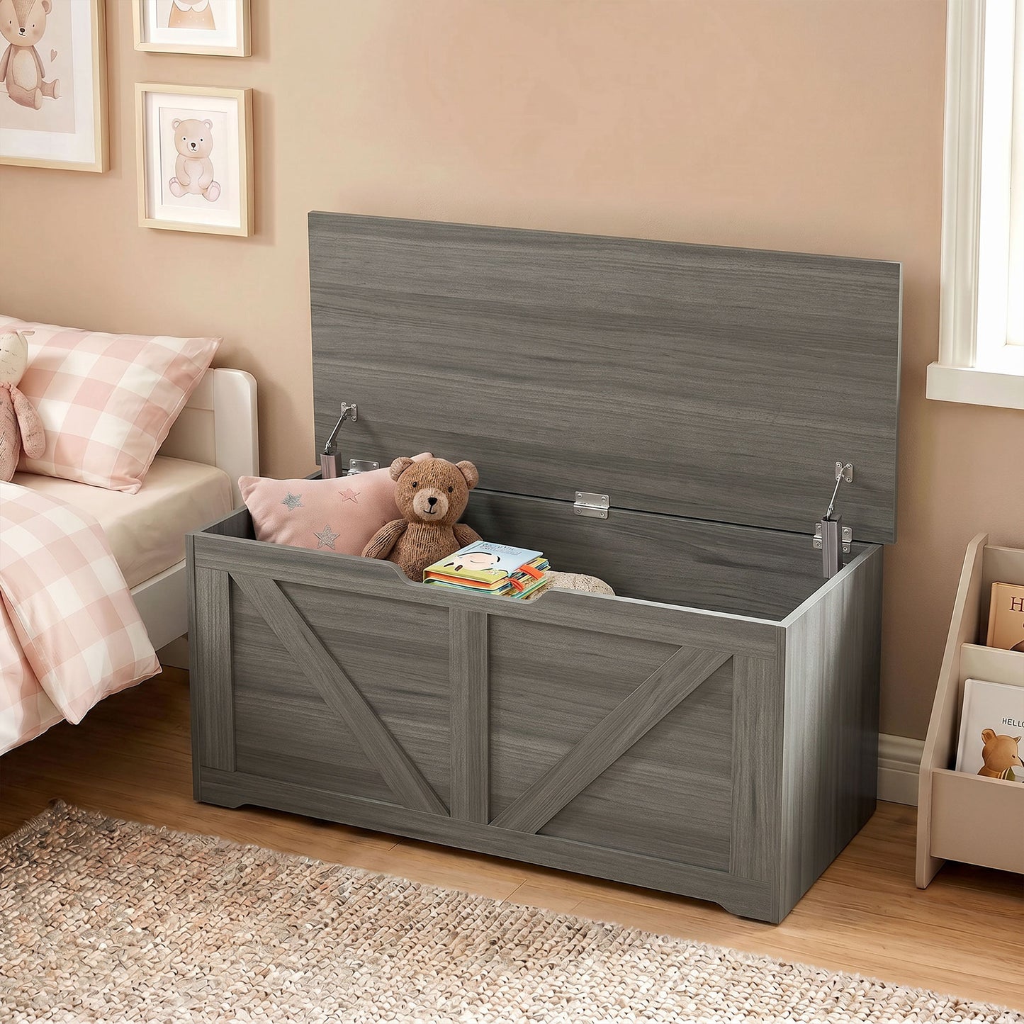 HOMCOM 127L Storage Chest With Safety Hinges And Seat Dark Grey Wood Effect For Living Room Or Bedroom
