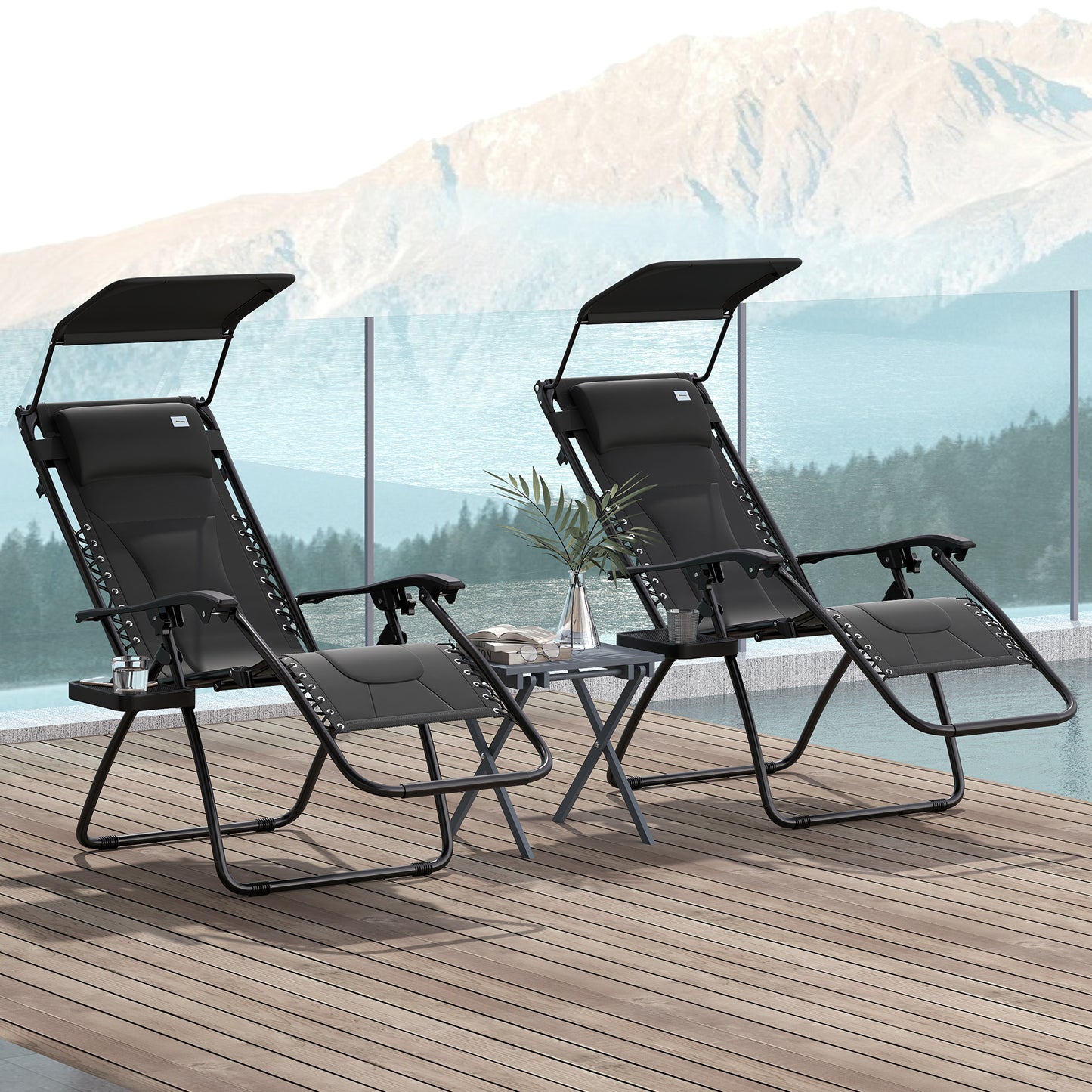 Outsunny Zero Gravity Lounger Chairs Set Of 2 With Cover Padded Seat Cup Holder Headrest For Poolside Camping Black