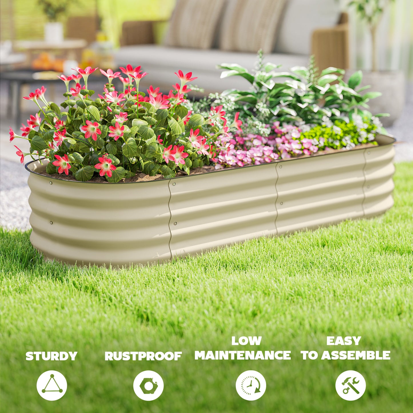 Outsunny Galvanised Raised Garden Bed With Safety Edging Cream White Outdoor Planter For Flowers Herbs Succulents