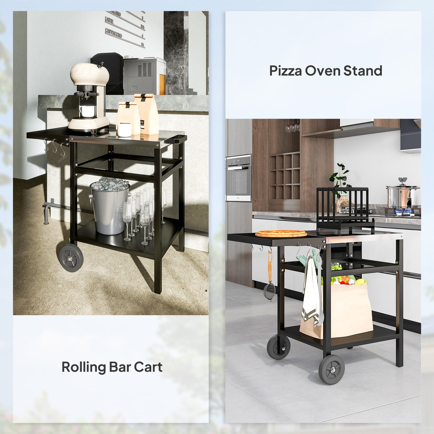 Outsunny Pizza Oven Table Cart With Stainless Steel Top And Foldable Side Table Hooks And Shelf Black