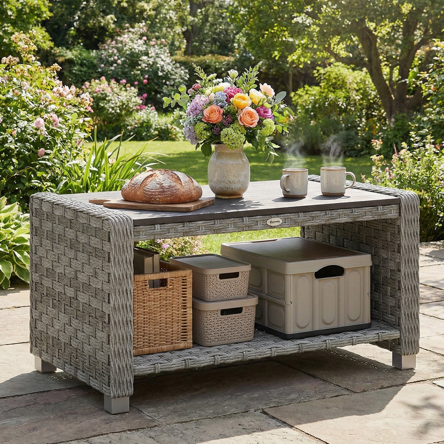 Outsunny Outdoor Coffee Table With Storage Shelf Slatted Top PE Rattan Water Resistant Grey