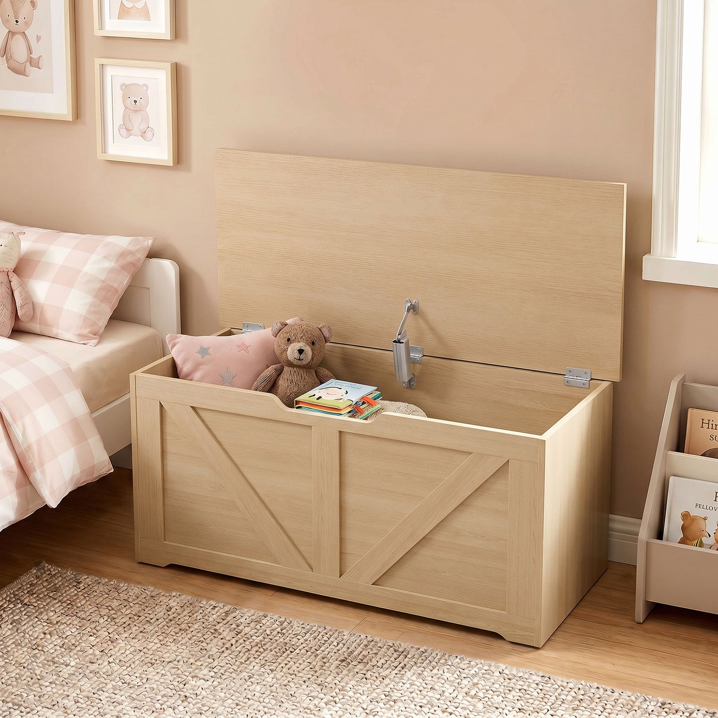 HOMCOM 100L Home Storage Box With Safety Hinge Nature Wood Finish Durable Seat Storage Chest Bench