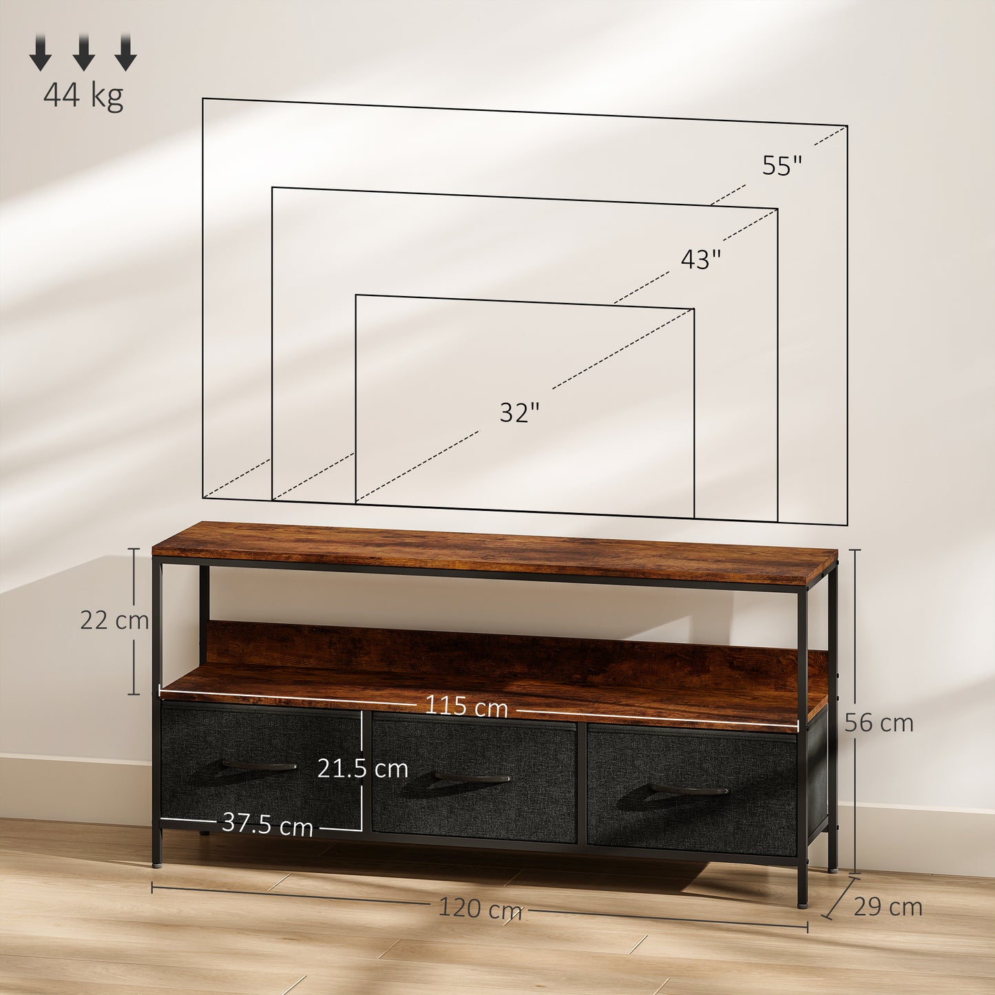 HOMCOM TV Stand Cabinet With 3 Foldable Drawers In Rustic Brown For 55 Inch TV Dual Color Modern Centerpiece
