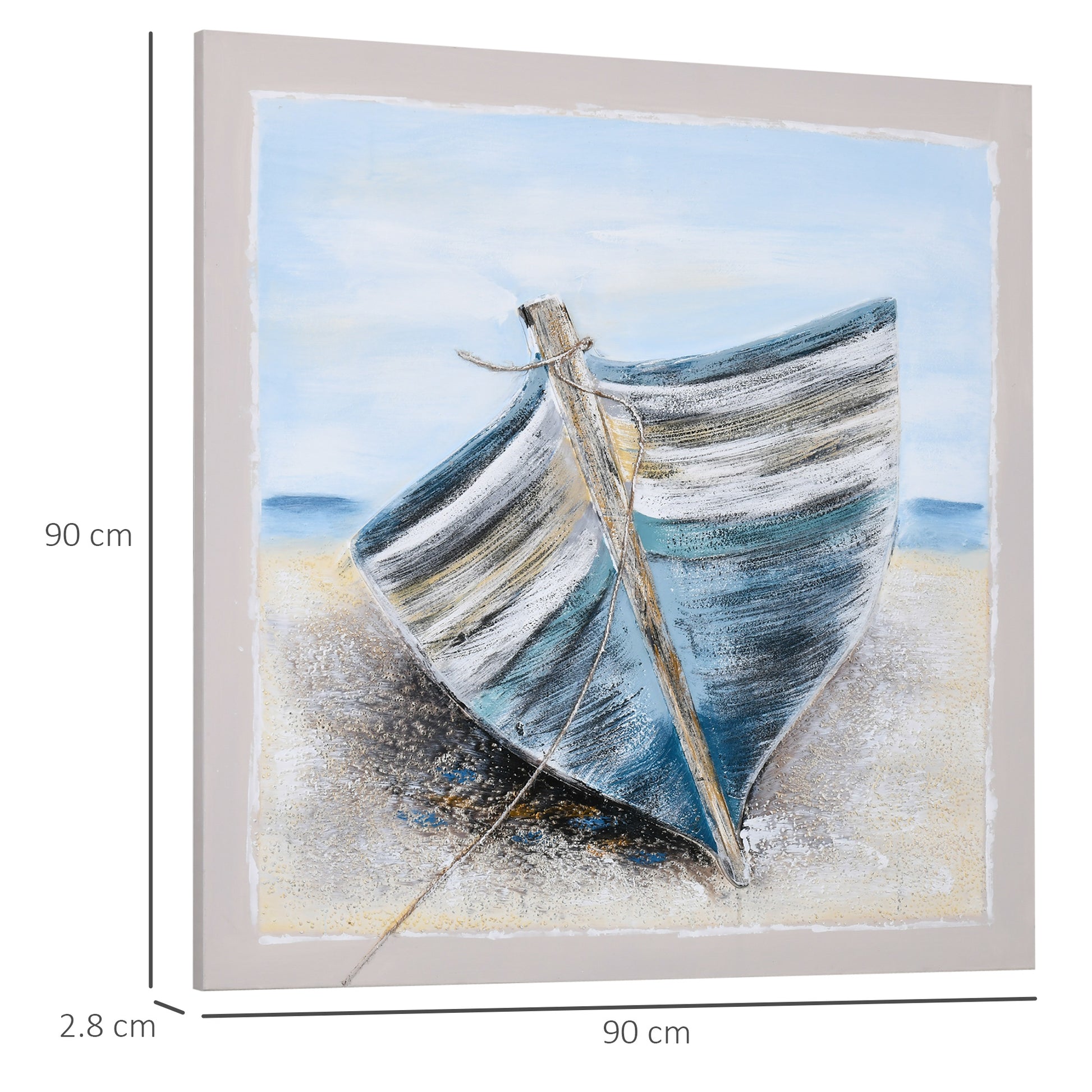 HOMCOM Hand-Painted Blue Boat Canvas Wall Art for Beach-Themed Home Decor, 90 x 90 cm - ALL4U RETAILER LTD