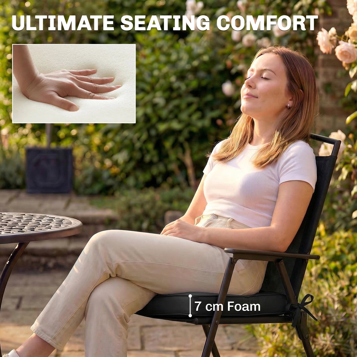 Outsunny Outdoor Chair Cushions Set of 2 with 7cm Thick Foam and Ties Water Repellent Flame Retardant Fabric Black