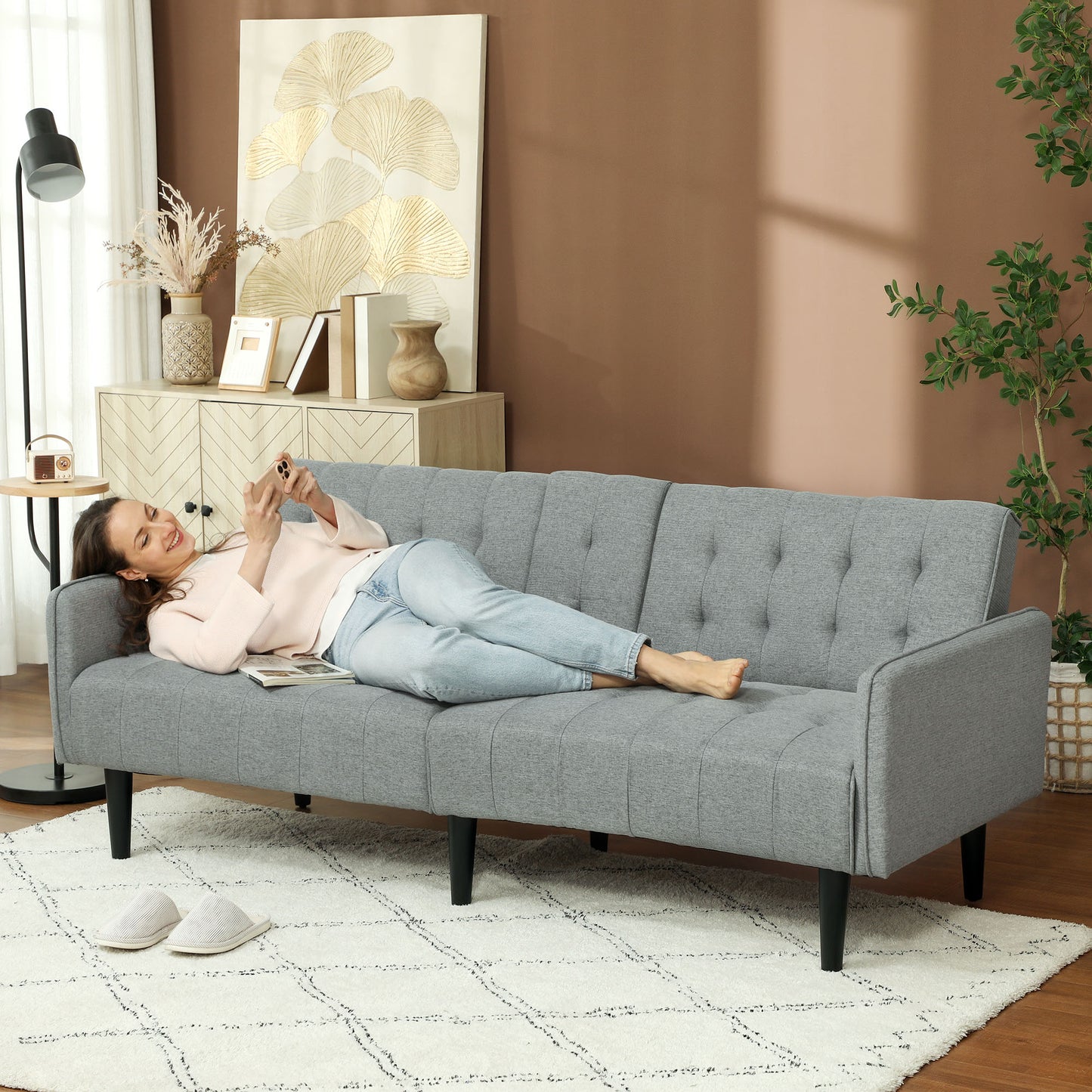 HOMCOM Three Seater Sofa Bed With Cupholders Light Grey For Small Spaces And Guest Overnight Comfort