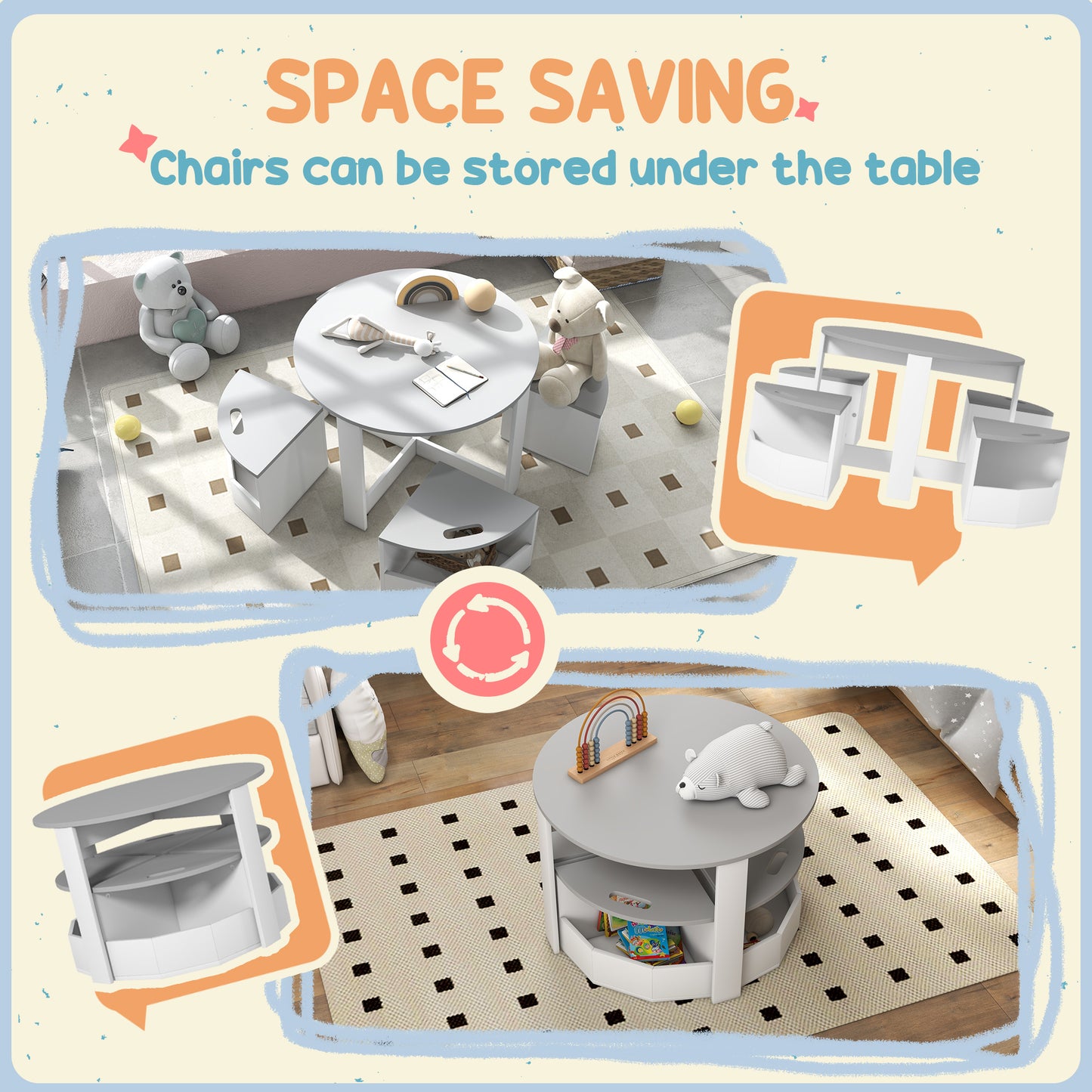 AIYAPLAY Five Piece Kids Table And Chairs Set With Storage For Ages 3 To 8 In Grey Space Saving Design