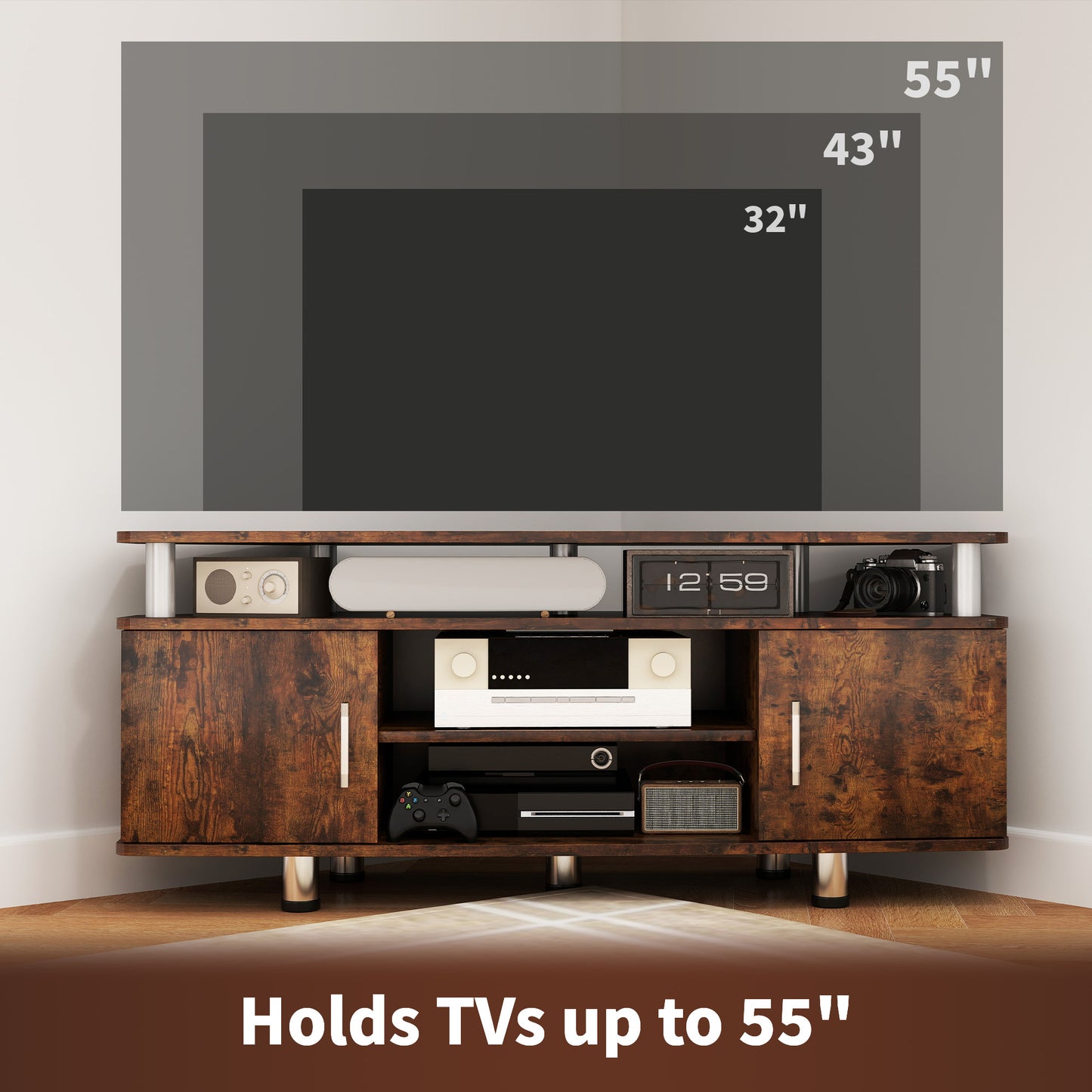 HOMCOM TV Unit Cabinet For TVs Up To 55 Inches With Storage Shelves And Cupboard Rustic Brown Entertainment Centre